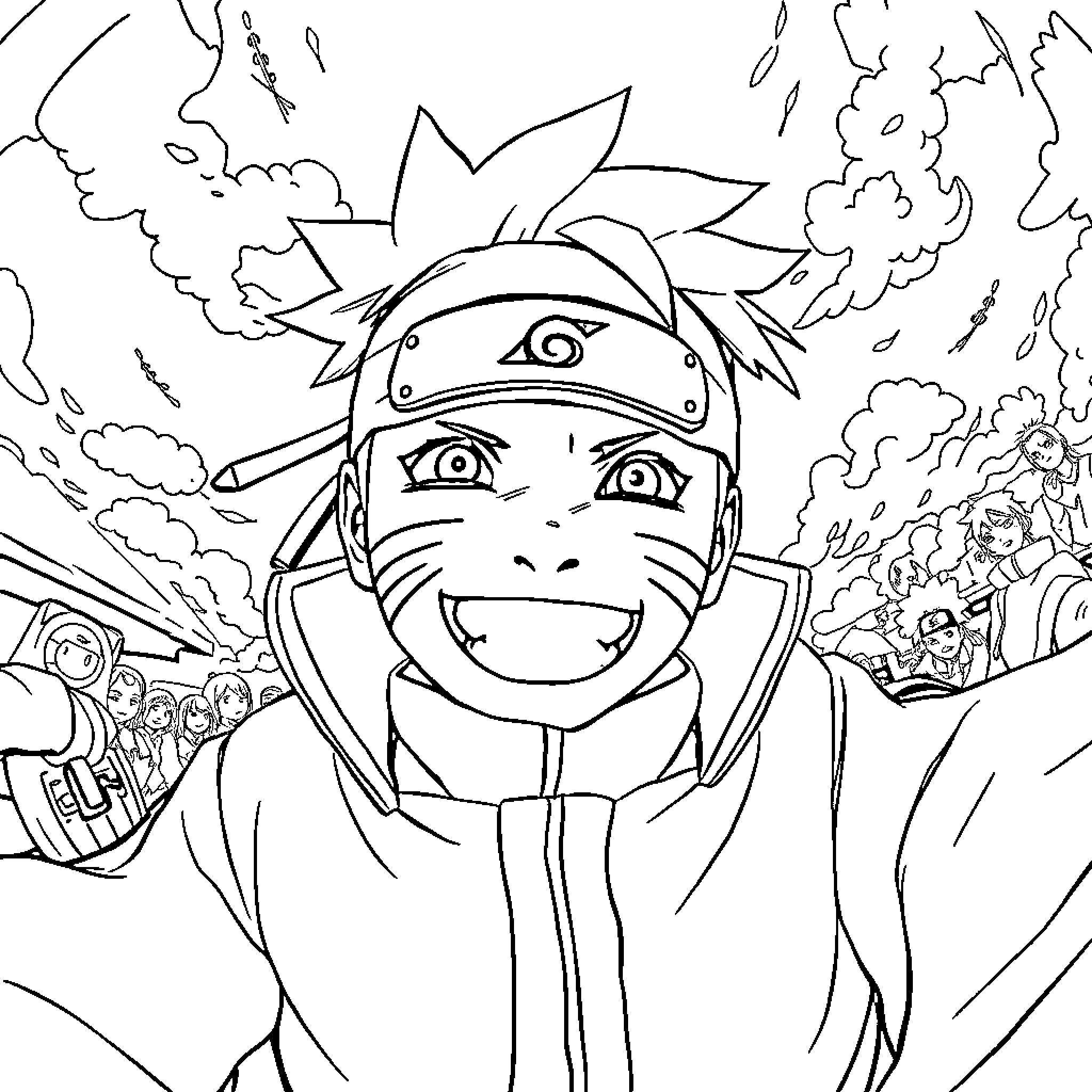 Naruto's energetic and determined expression in battle Coloring Page (free black-and-white line drawing printable PDF for all, from beginners to advanced learners, including children, teens, adults, and seniors)