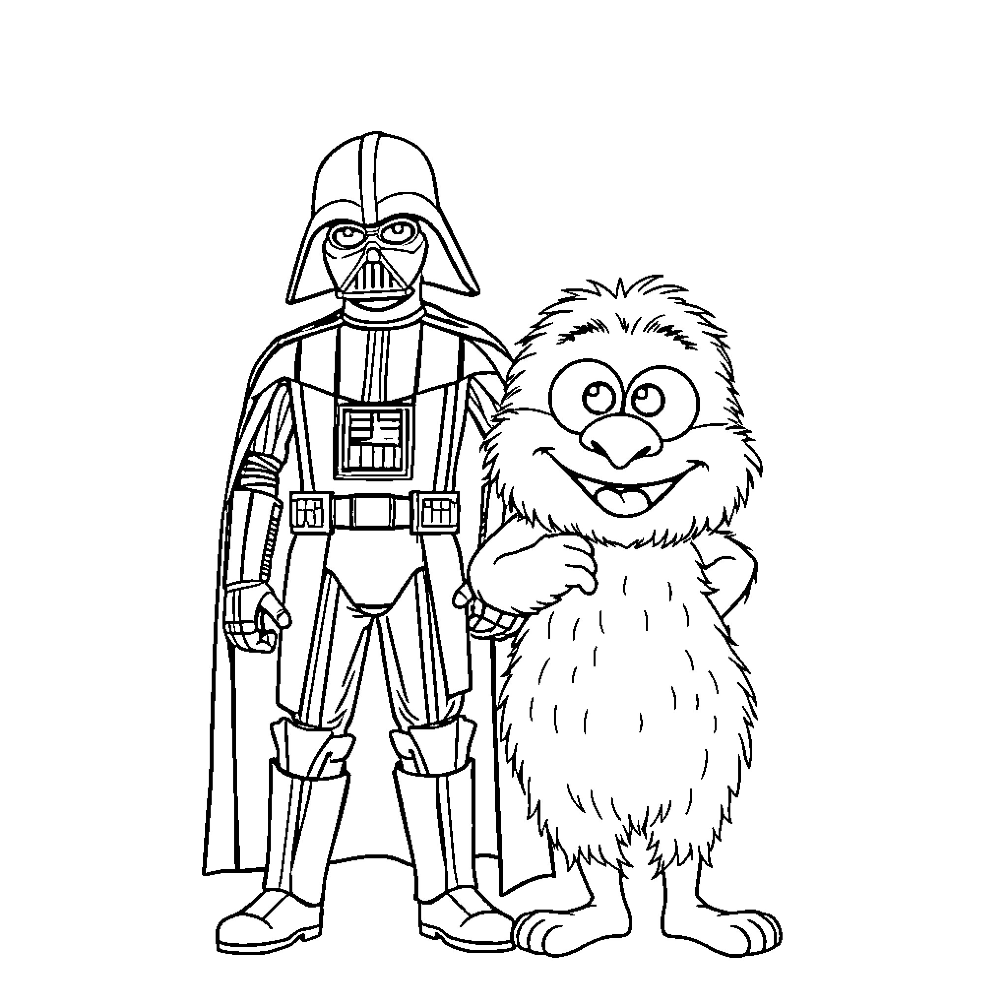 Darth Vader and a Furry Companion Coloring Page (free black-and-white line drawing printable PDF for all, from beginners to advanced learners, including children, teens, adults, and seniors)