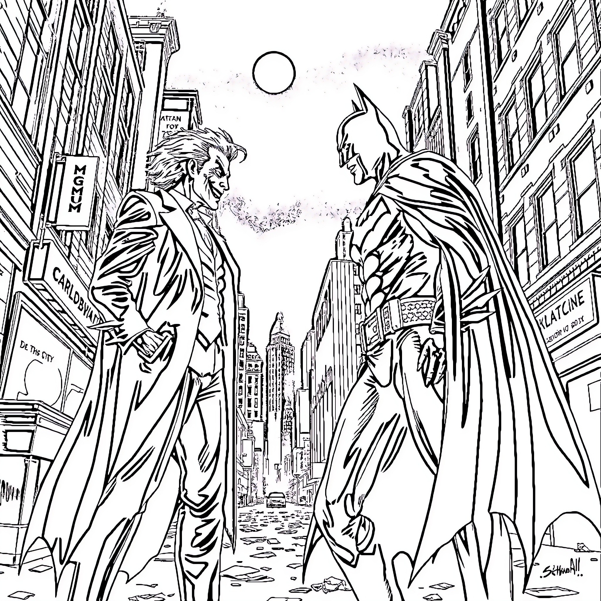 Batman and Joker face-off in Gotham City Coloring Page (free black-and-white line drawing printable PDF for all, from beginners to advanced learners, including children, teens, adults, and seniors)