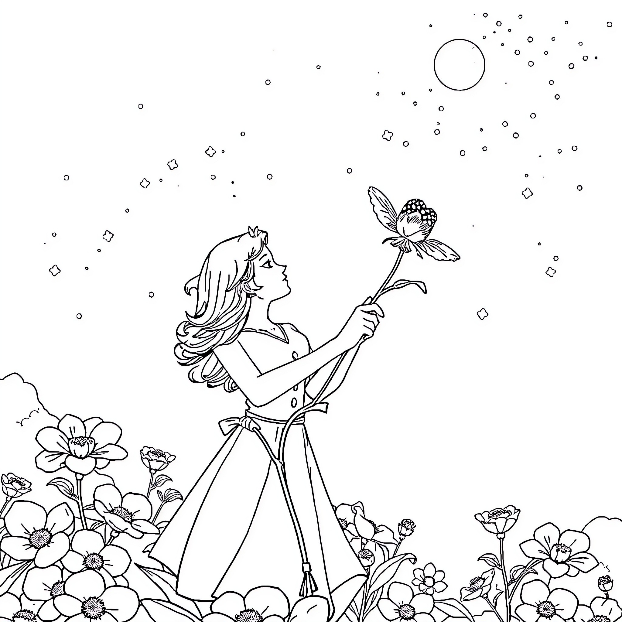 Astra's Enchanting Flower Dance Coloring Page (free black-and-white line drawing printable PDF for all, from beginners to advanced learners, including children, teens, adults, and seniors)