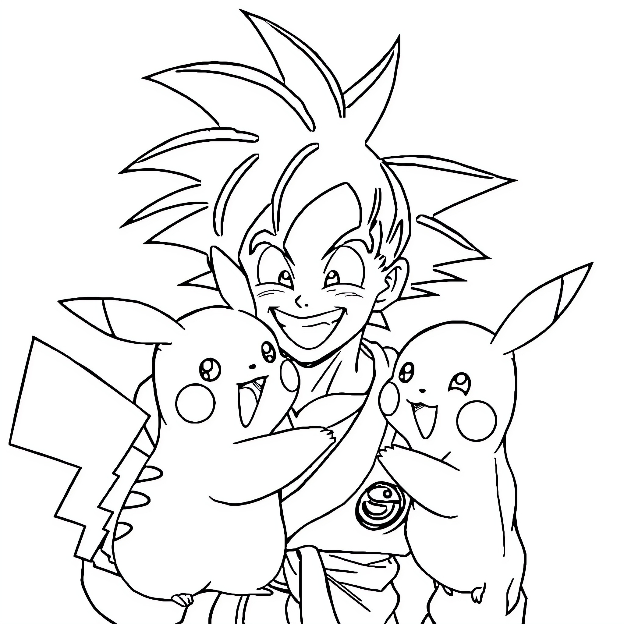 Son Goku Surrounded by Beloved Pokémon Companions Coloring Page (free black-and-white line drawing printable PDF for all, from beginners to advanced learners, including children, teens, adults, and seniors)