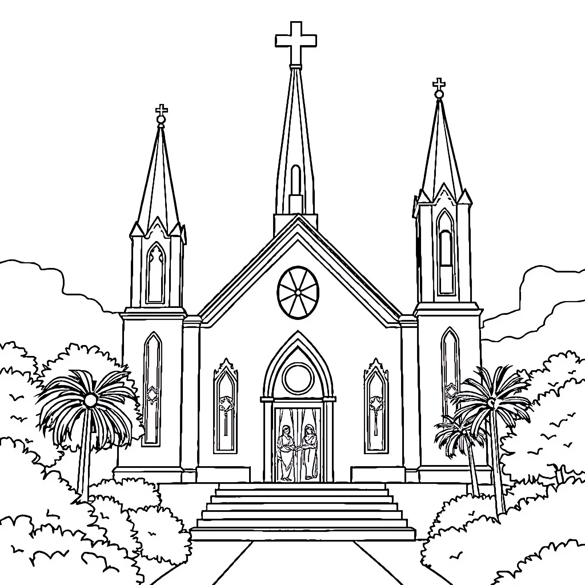 Christian church with ornate architectural details Coloring Page (free black-and-white line drawing printable PDF for all, from beginners to advanced learners, including children, teens, adults, and seniors)