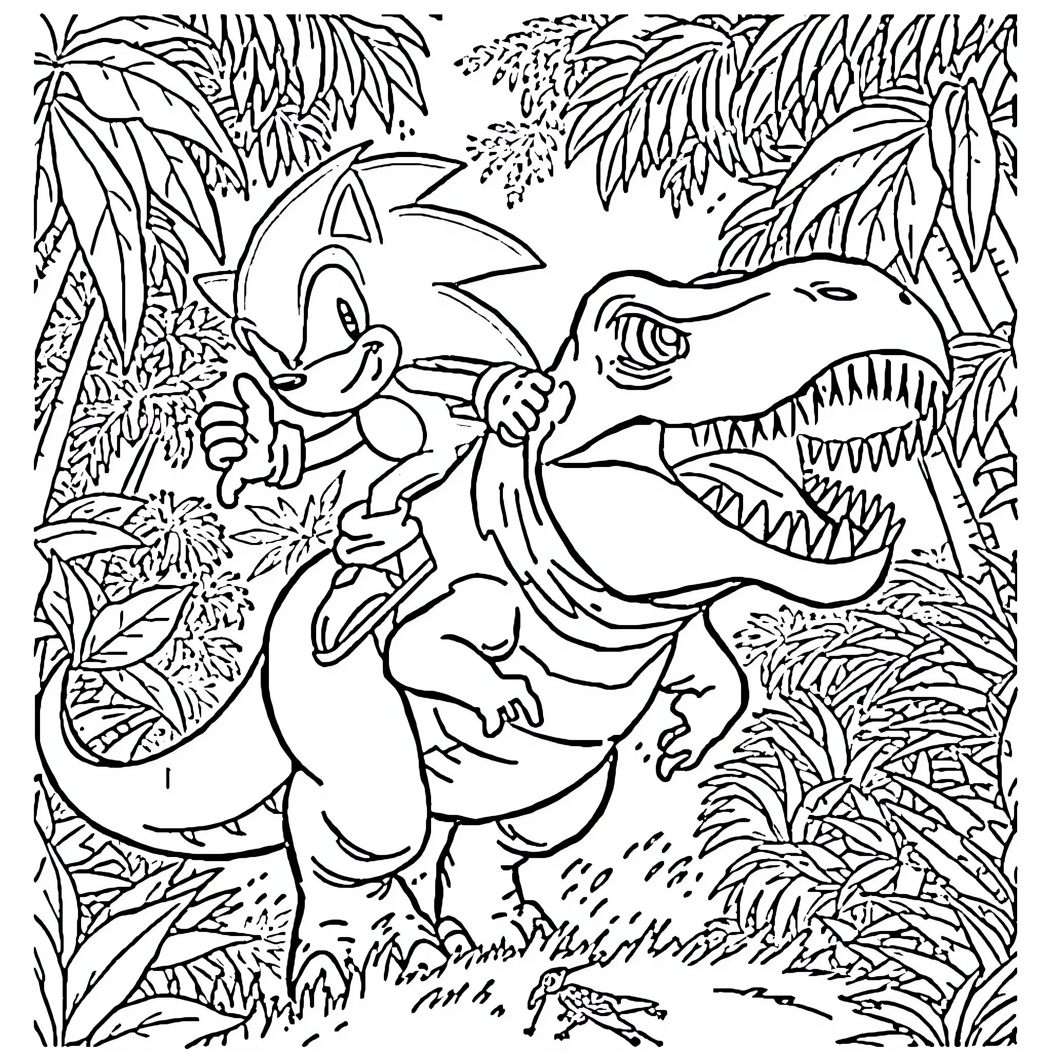 Sonic facing off against a fearsome dinosaur in the jungle Coloring Page (free black-and-white line drawing printable PDF for all, from beginners to advanced learners, including children, teens, adults, and seniors)