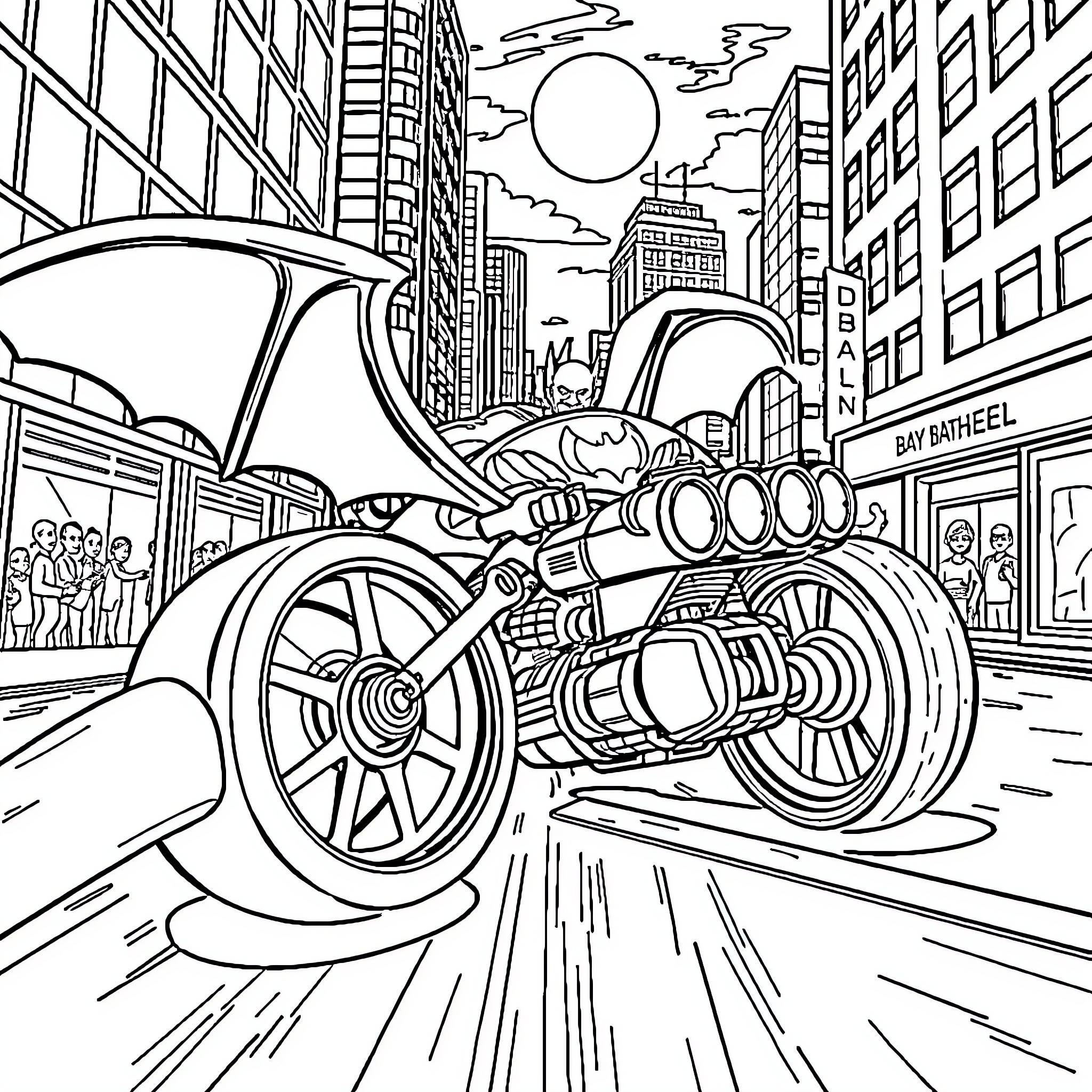 Batwheels racing through the city streets Coloring Page (free black-and-white line drawing printable PDF for all, from beginners to advanced learners, including children, teens, adults, and seniors)