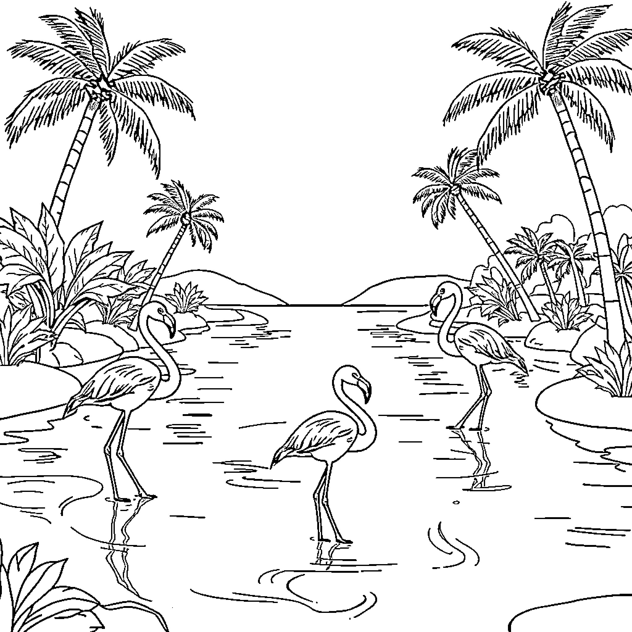 Flamingos wading in tropical lagoon Coloring Page (free black-and-white line drawing printable PDF for all, from beginners to advanced learners, including children, teens, adults, and seniors)