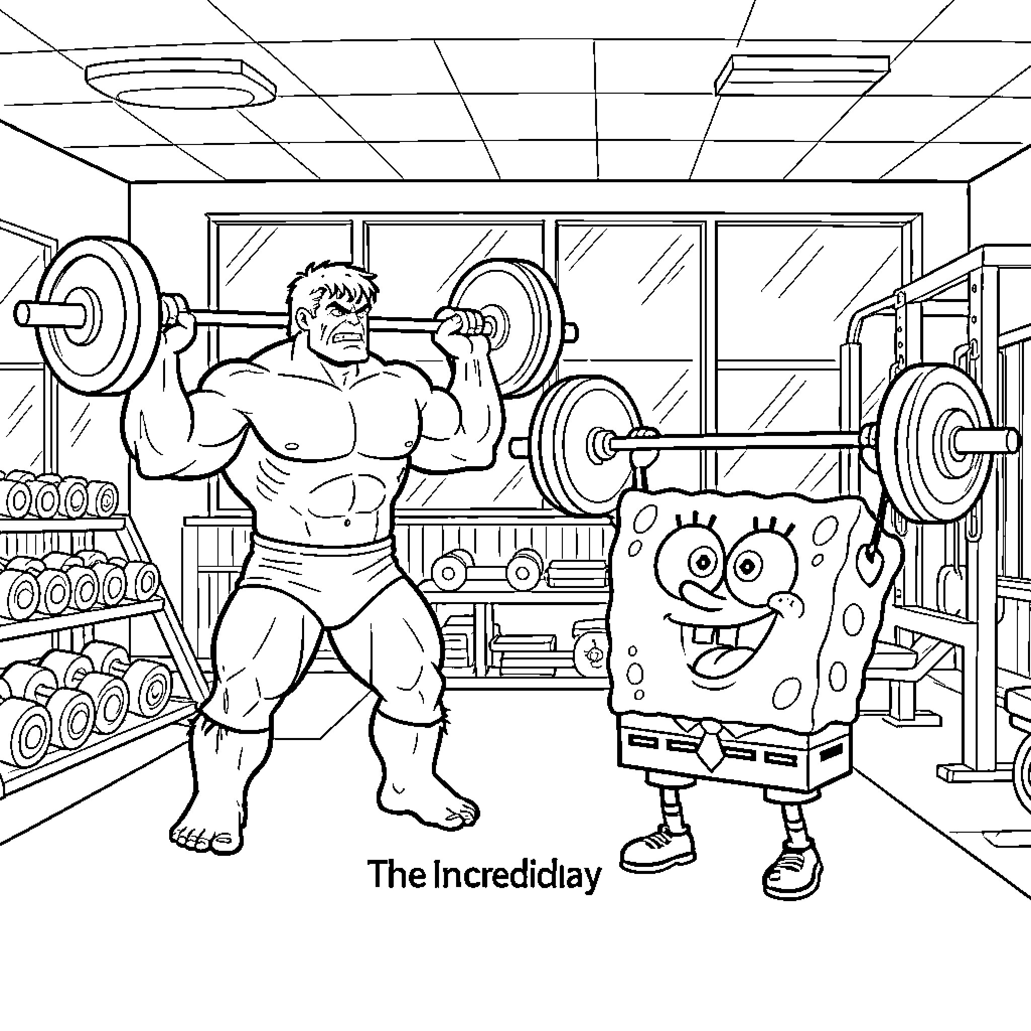 Hulk and Spongebob lifting heavy weights in a gym Coloring Page (free black-and-white line drawing printable PDF for all, from beginners to advanced learners, including children, teens, adults, and seniors)