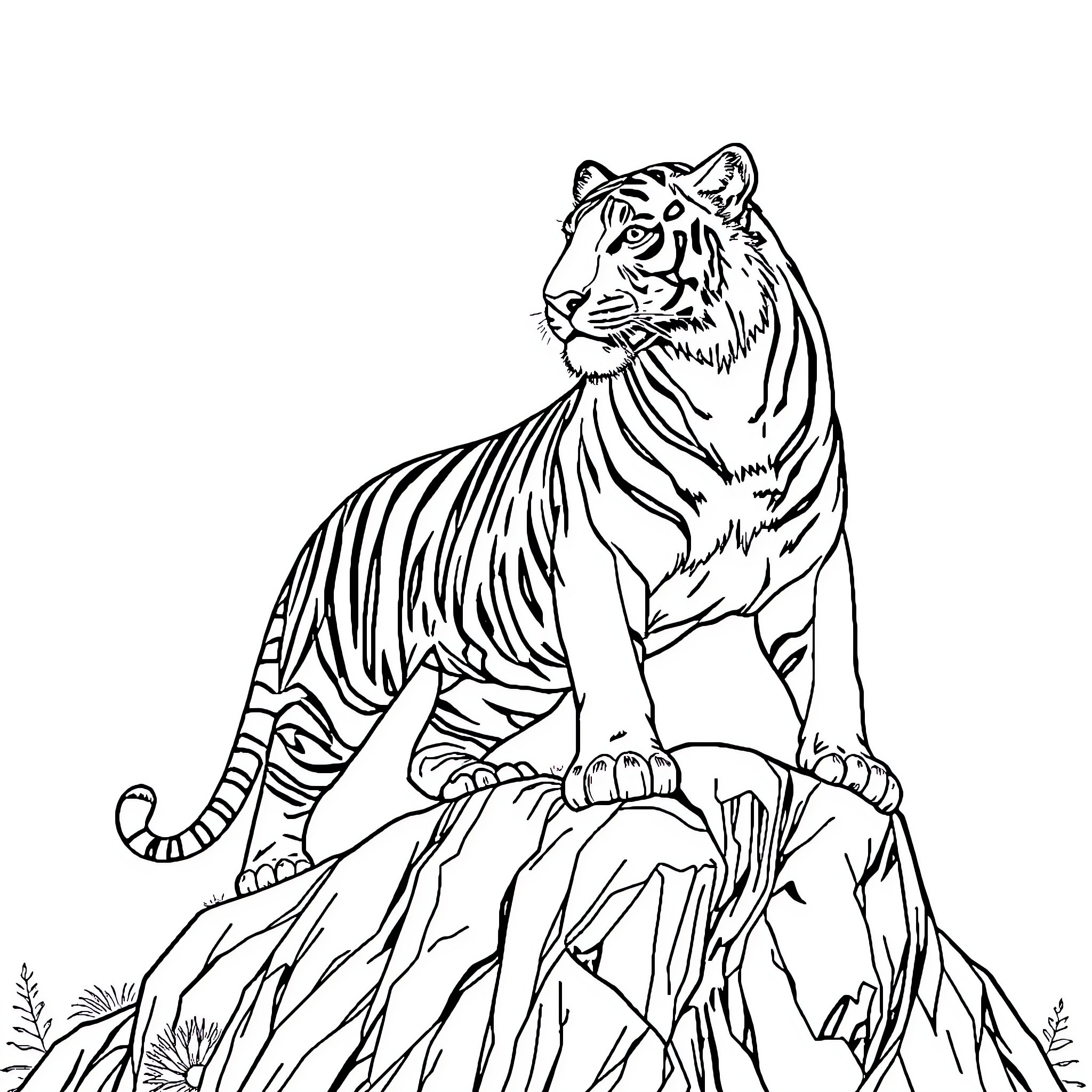 Tiger Sitting Proudly on Rocky Ledge Coloring Page (free black-and-white line drawing printable PDF for all, from beginners to advanced learners, including children, teens, adults, and seniors)