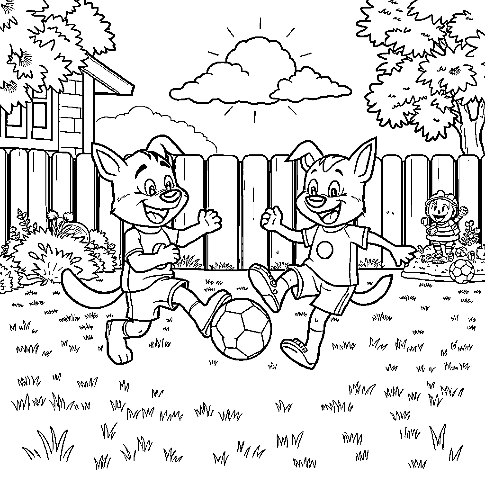 Bluey characters playing with a soccer ball in the backyard Coloring Page (free black-and-white line drawing printable PDF for all, from beginners to advanced learners, including children, teens, adults, and seniors)