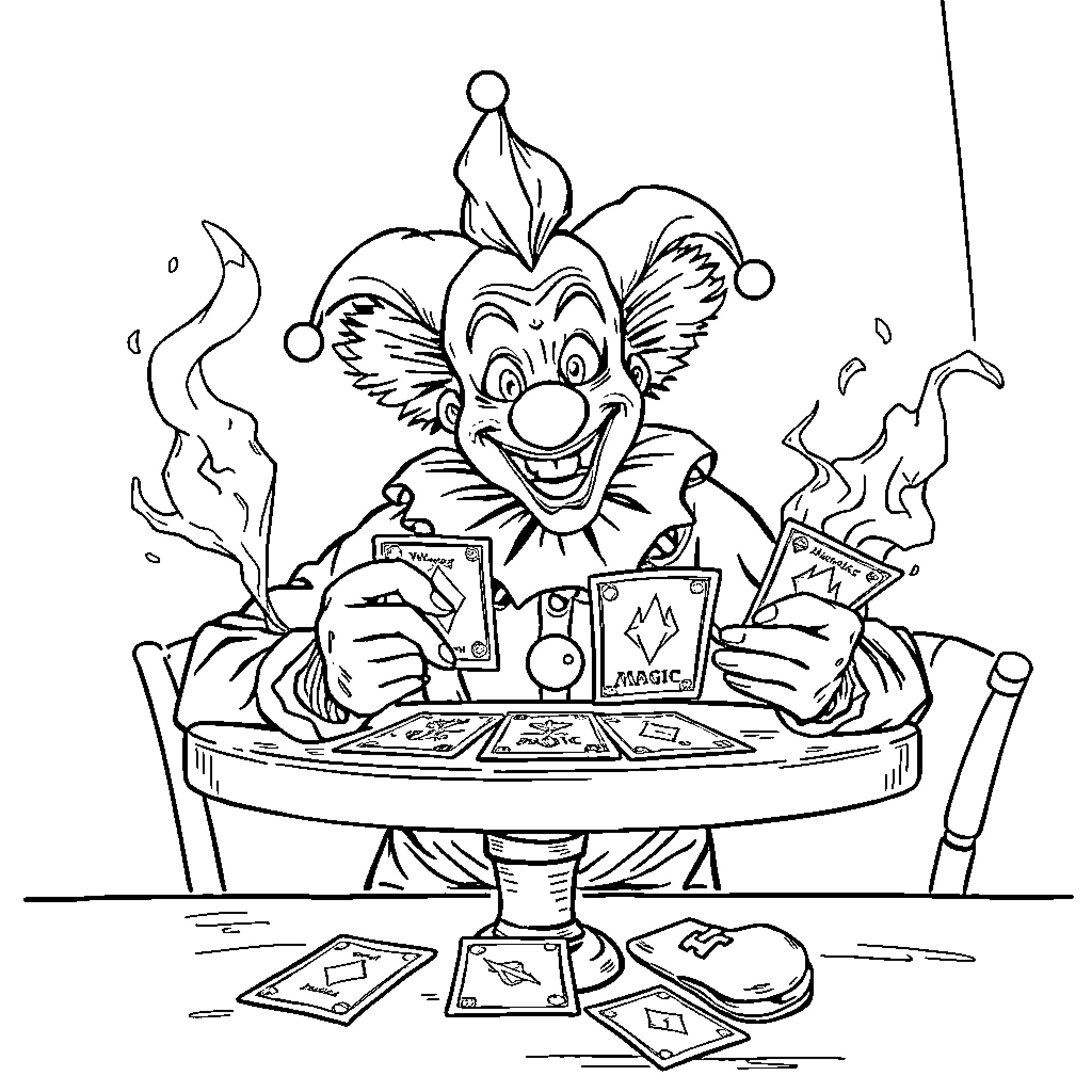 Clown performing magic tricks with playing cards Coloring Page (free black-and-white line drawing printable PDF for all, from beginners to advanced learners, including children, teens, adults, and seniors)