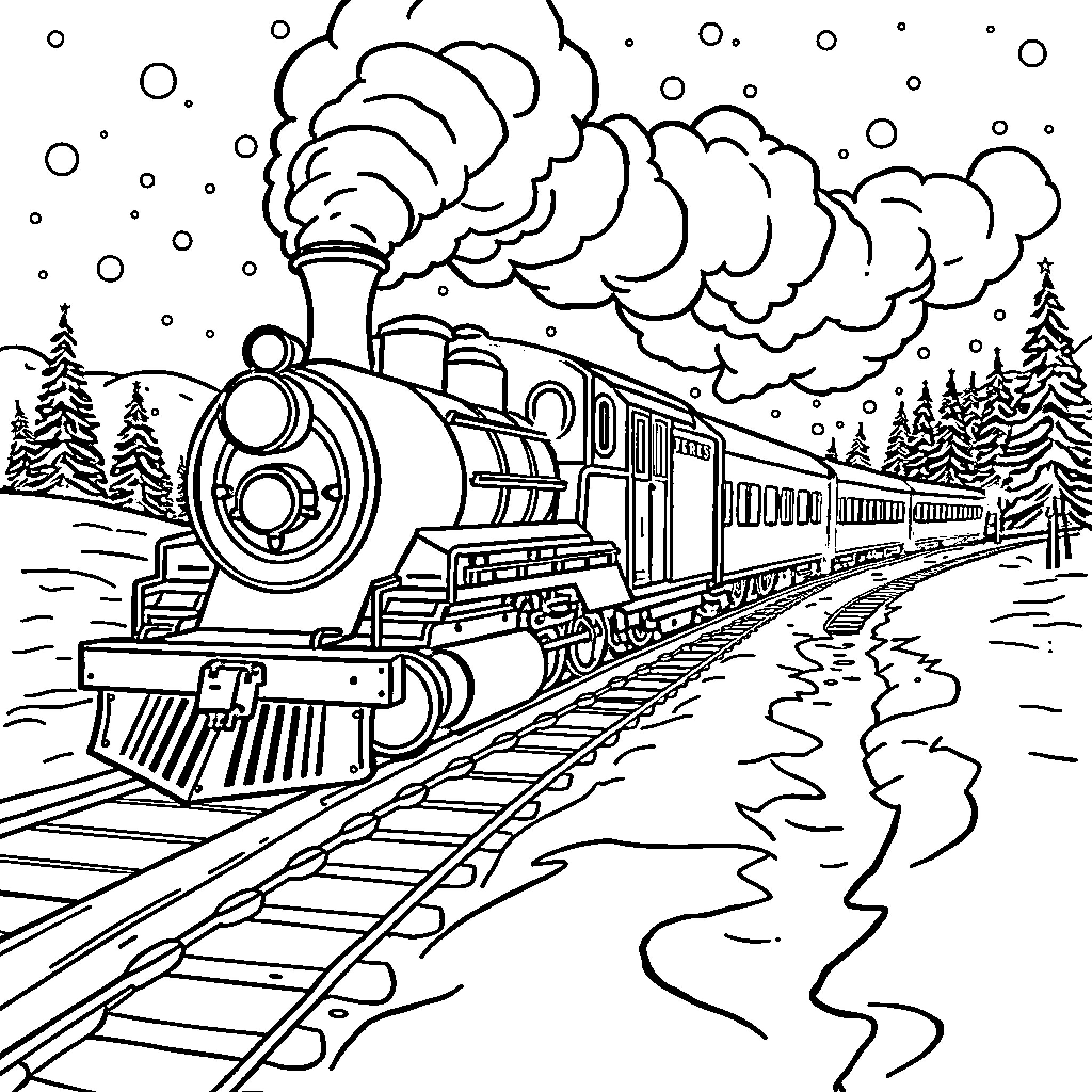 Train Traveling Through Snowy Winter Landscape Coloring Page (free black-and-white line drawing printable PDF for all, from beginners to advanced learners, including children, teens, adults, and seniors)