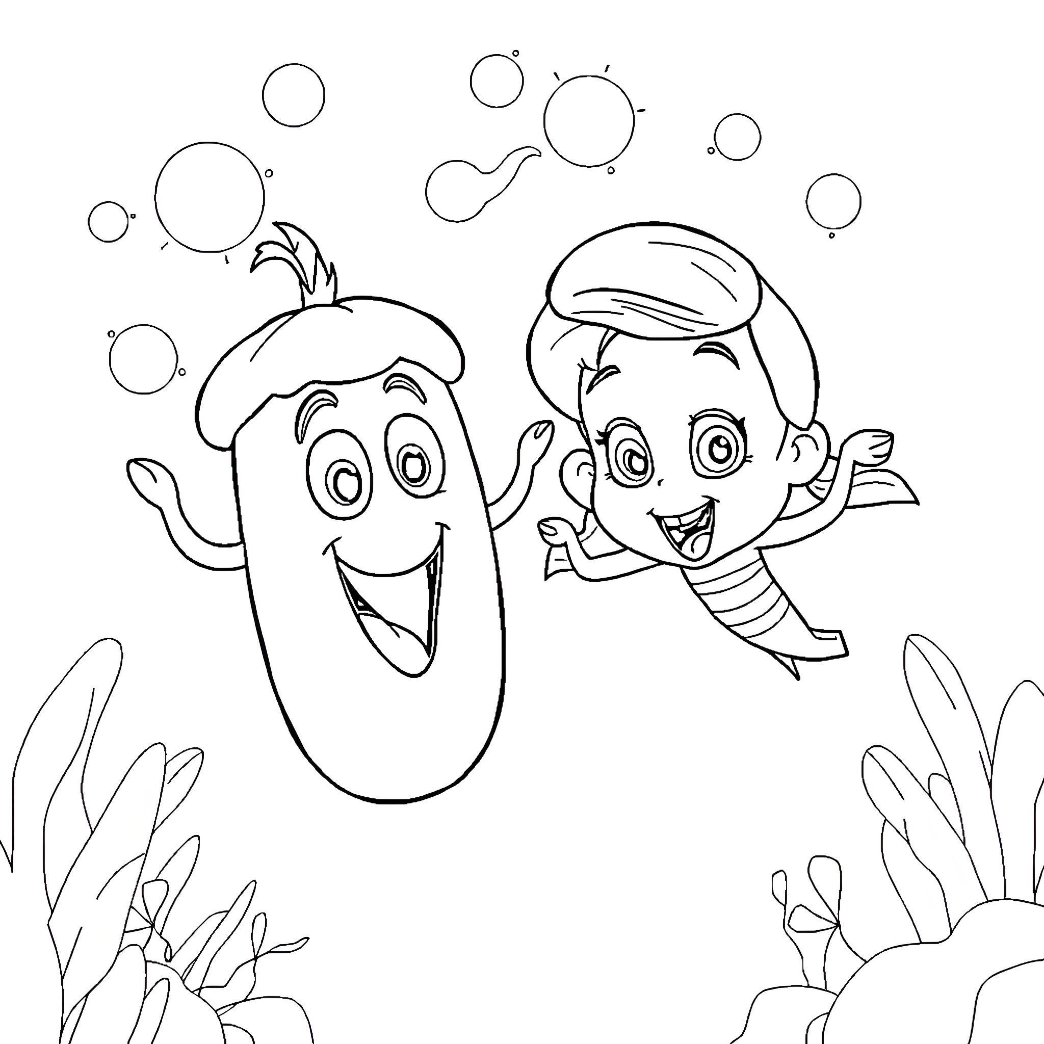 Veggie Tales characters playing in the ocean Coloring Page (free black-and-white line drawing printable PDF for all, from beginners to advanced learners, including children, teens, adults, and seniors)