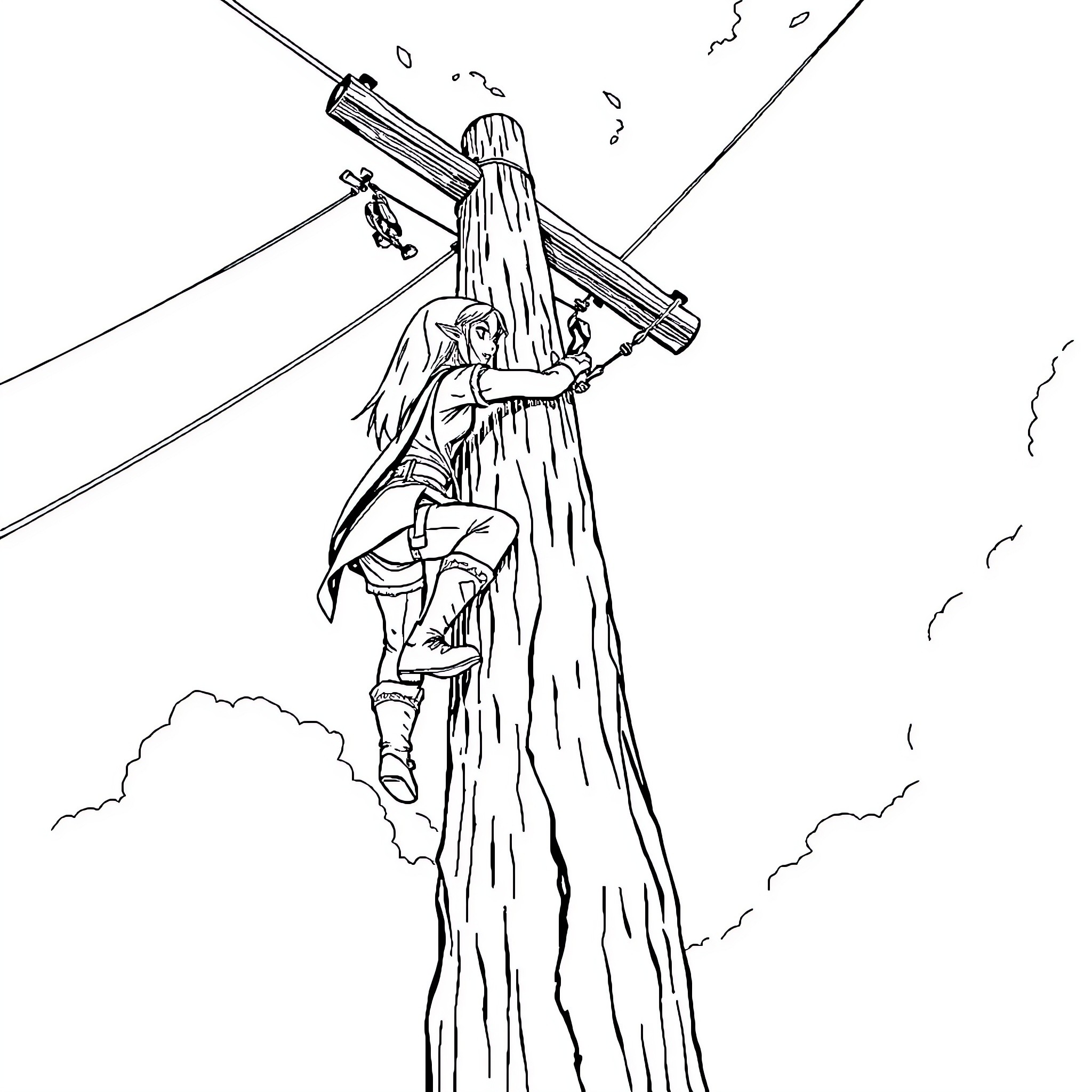 Zelda ascending to the heavens with sword Coloring Page (free black-and-white line drawing printable PDF for all, from beginners to advanced learners, including children, teens, adults, and seniors)