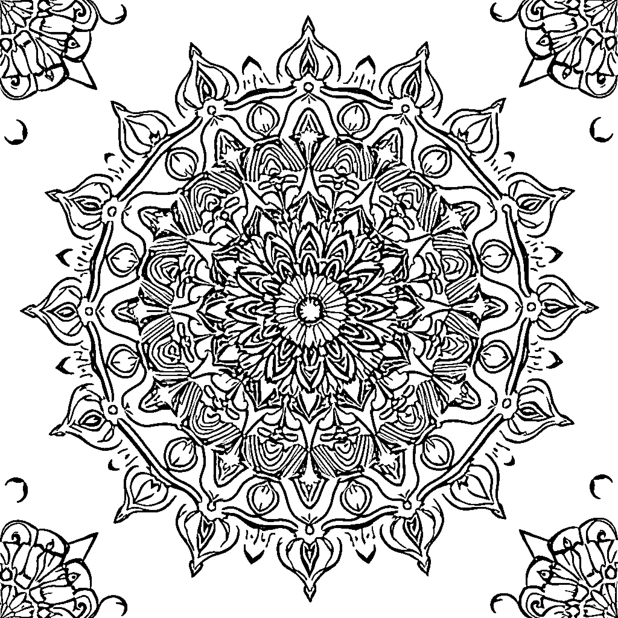 Mandala of intricate floral patterns and symmetrical design Coloring Page (free black-and-white line drawing printable PDF for all, from beginners to advanced learners, including children, teens, adults, and seniors)