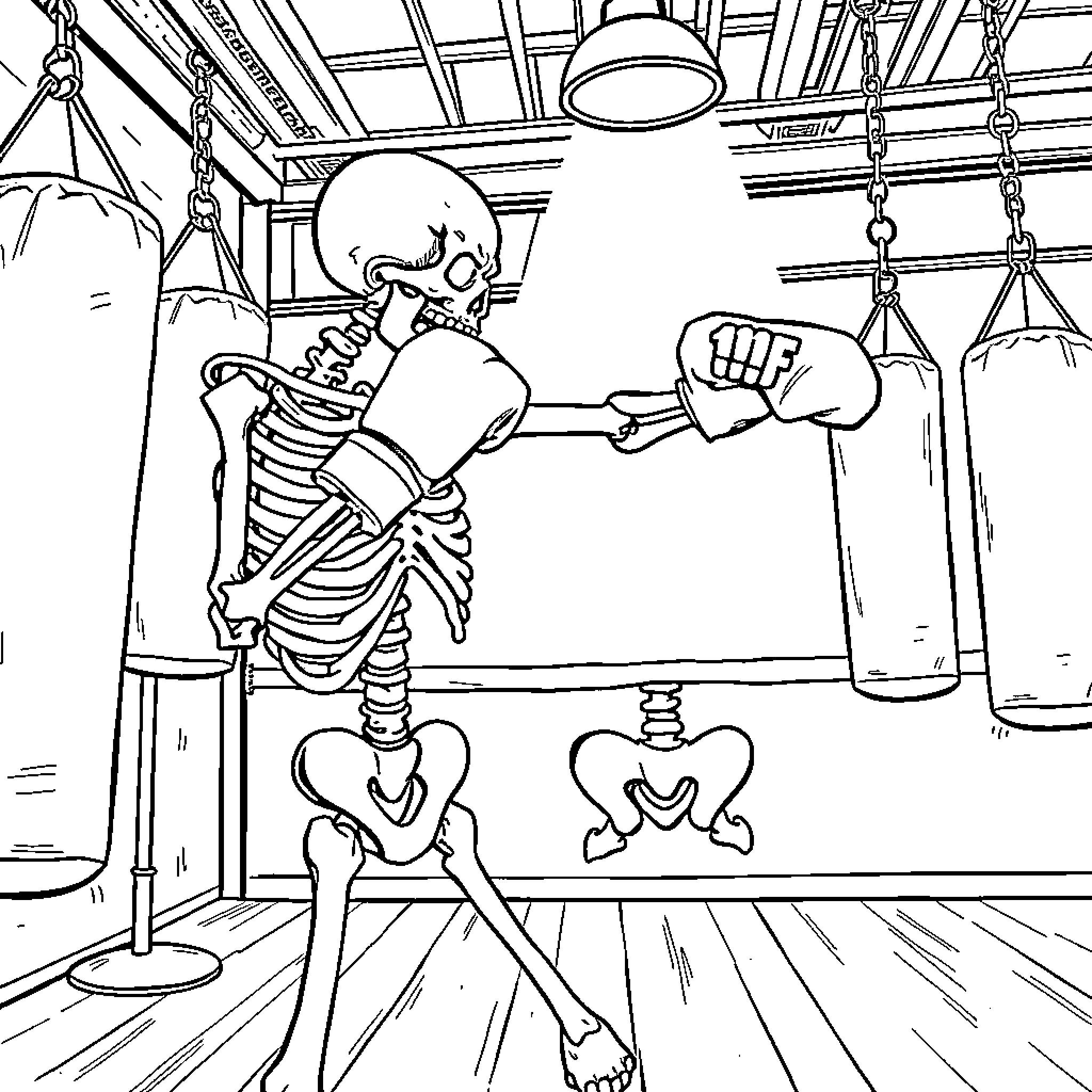 Skeleton Training Hard in a Gym Coloring Page (free black-and-white line drawing printable PDF for all, from beginners to advanced learners, including children, teens, adults, and seniors)