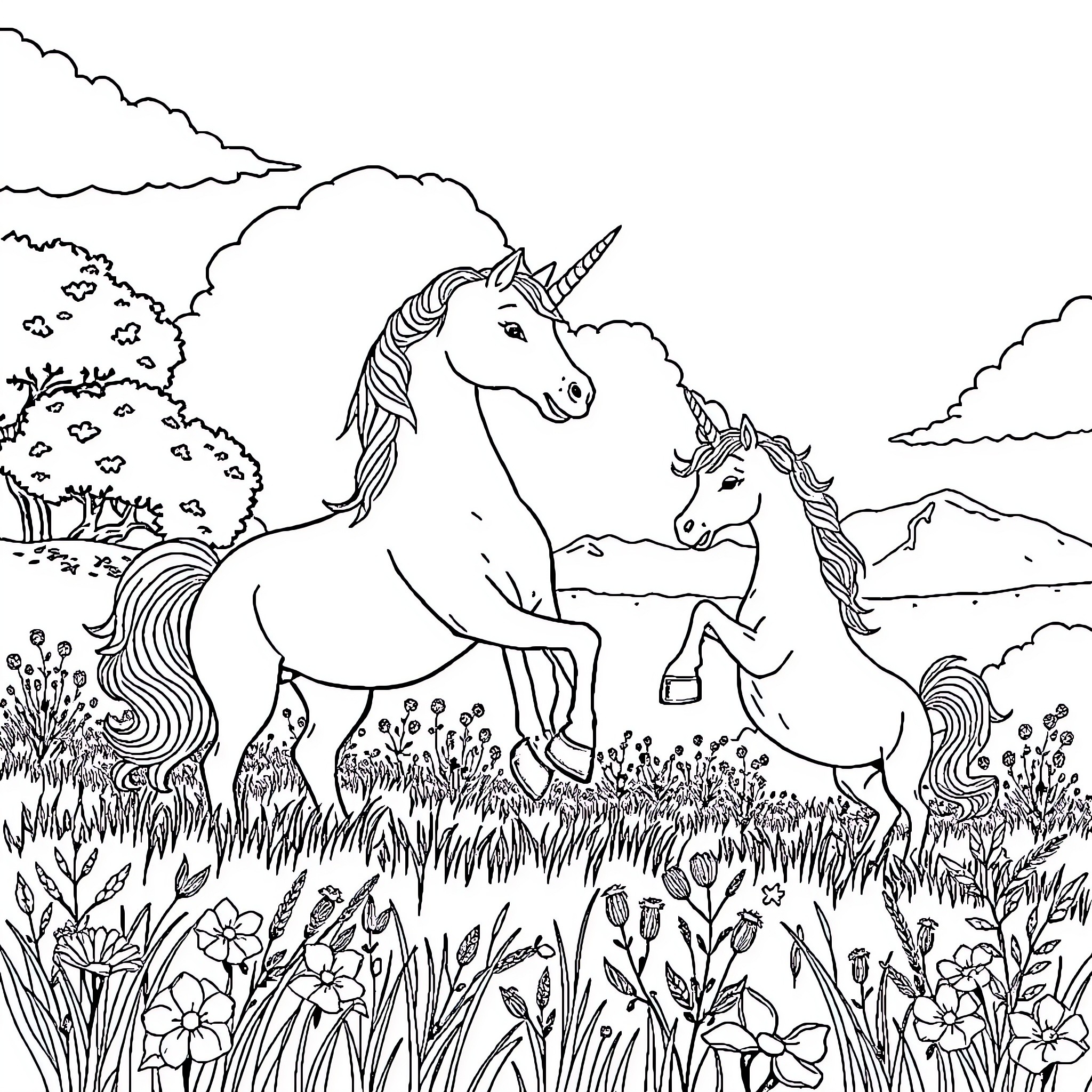 Unicorn Duo Frolicking in Enchanted Meadow Coloring Page (free black-and-white line drawing printable PDF for all, from beginners to advanced learners, including children, teens, adults, and seniors)