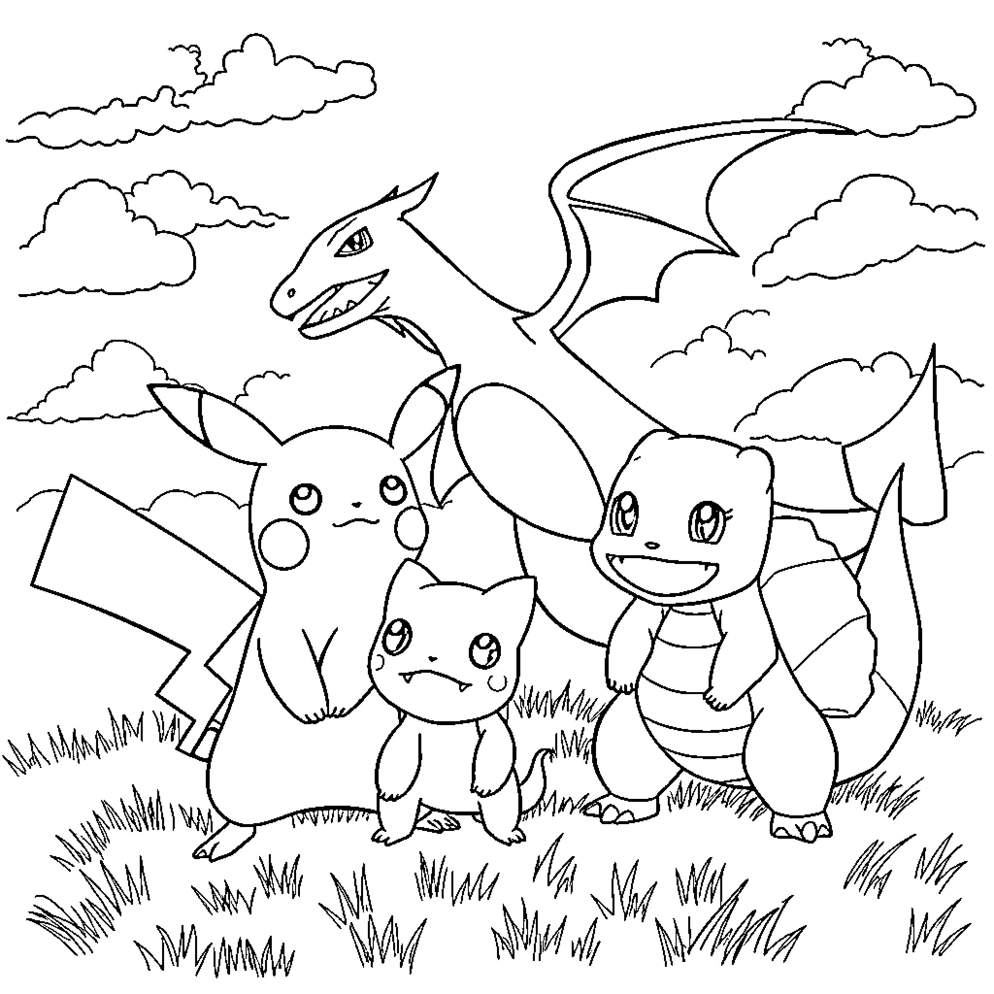 Pokémon characters playing in a scenic outdoor landscape Coloring Page (free black-and-white line drawing printable PDF for all, from beginners to advanced learners, including children, teens, adults, and seniors)