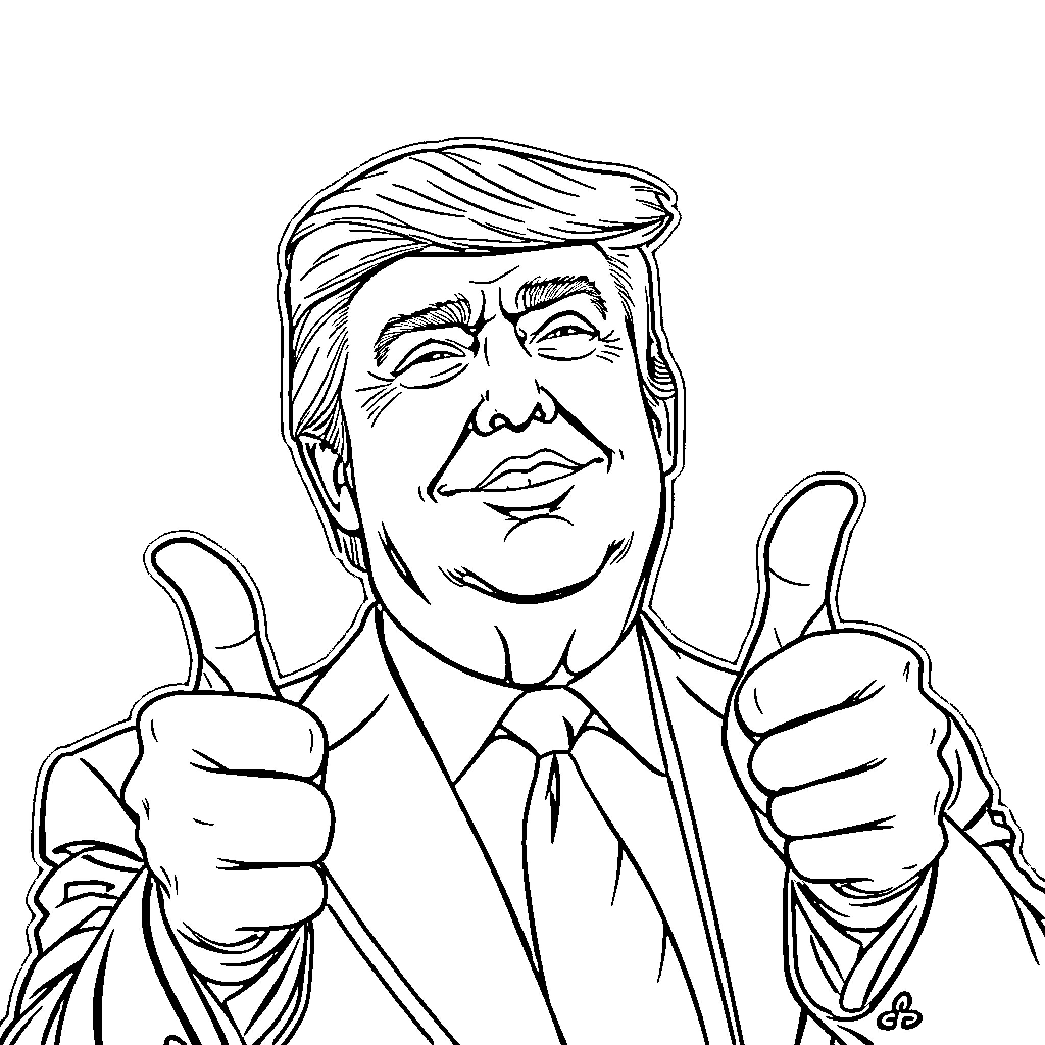 Donald Trump giving enthusiastic thumbs up Coloring Page (free black-and-white line drawing printable PDF for all, from beginners to advanced learners, including children, teens, adults, and seniors)