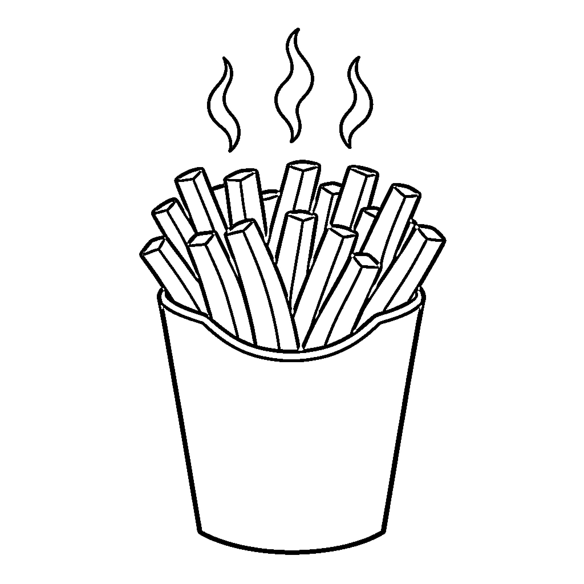 Fries steaming hot in a container Coloring Page (free black-and-white line drawing printable PDF for all, from beginners to advanced learners, including children, teens, adults, and seniors)