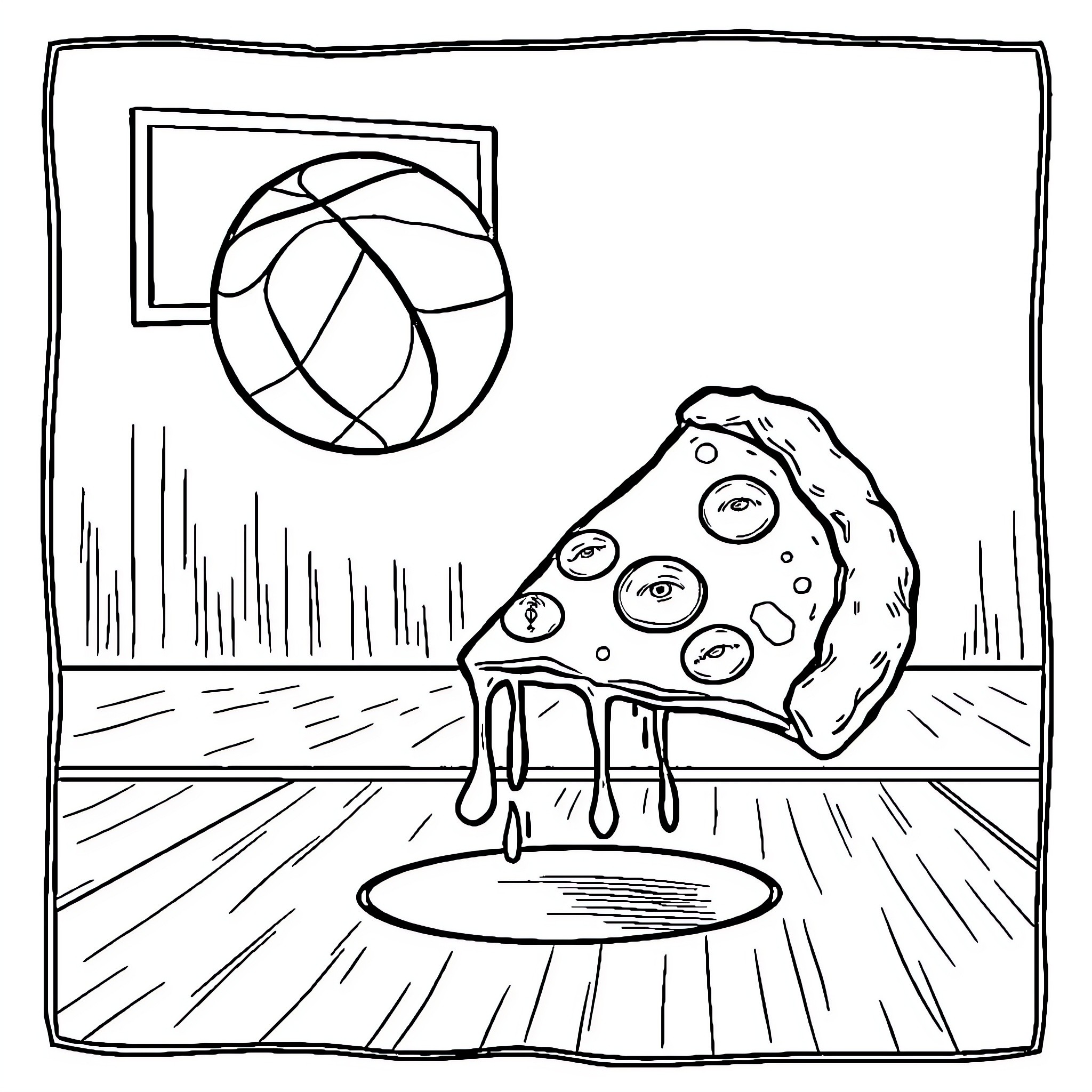 Pizza on the Basketball Court Coloring Page (free black-and-white line drawing printable PDF for all, from beginners to advanced learners, including children, teens, adults, and seniors)