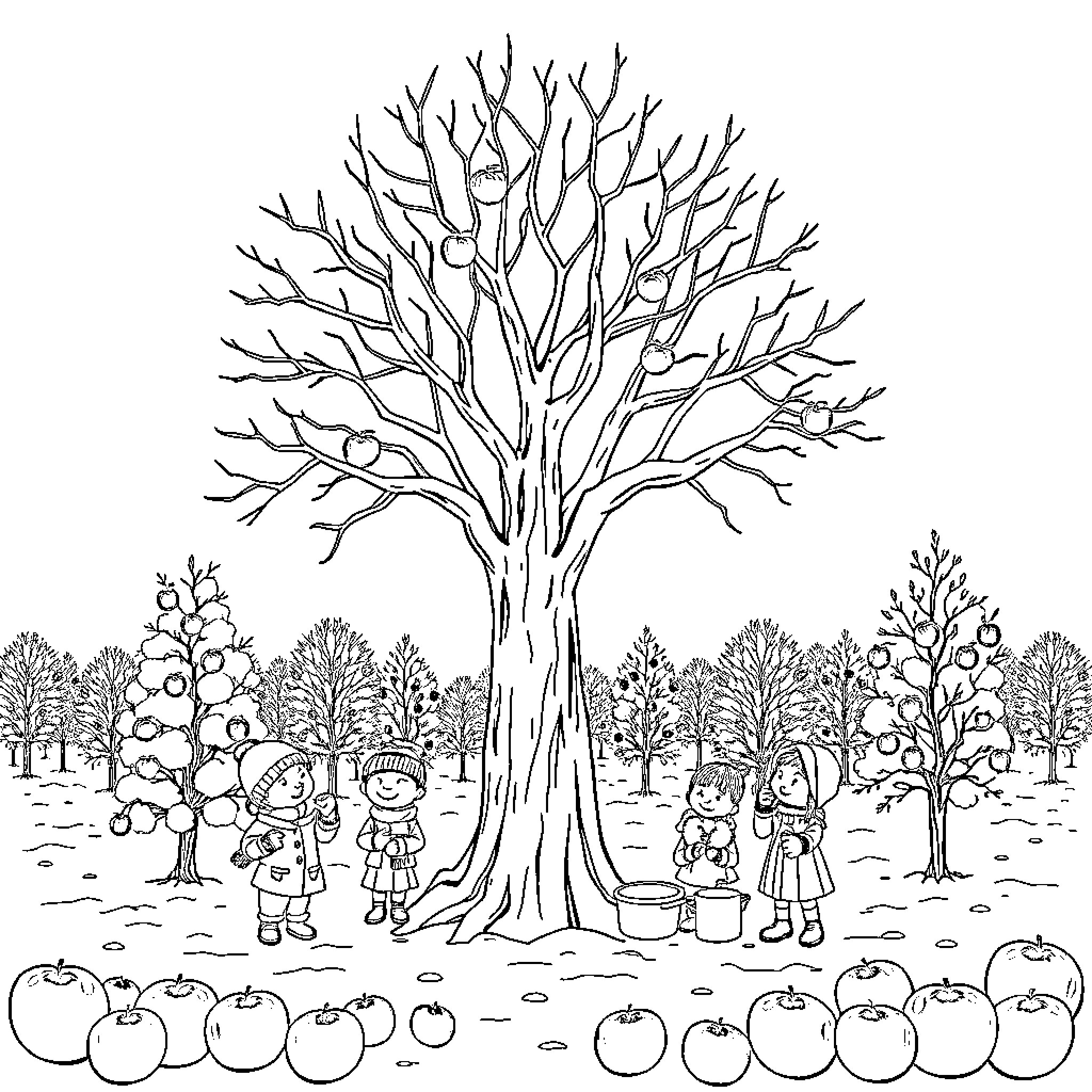 Tree in Autumn Landscape with Children and Apples Coloring Page (free black-and-white line drawing printable PDF for all, from beginners to advanced learners, including children, teens, adults, and seniors)