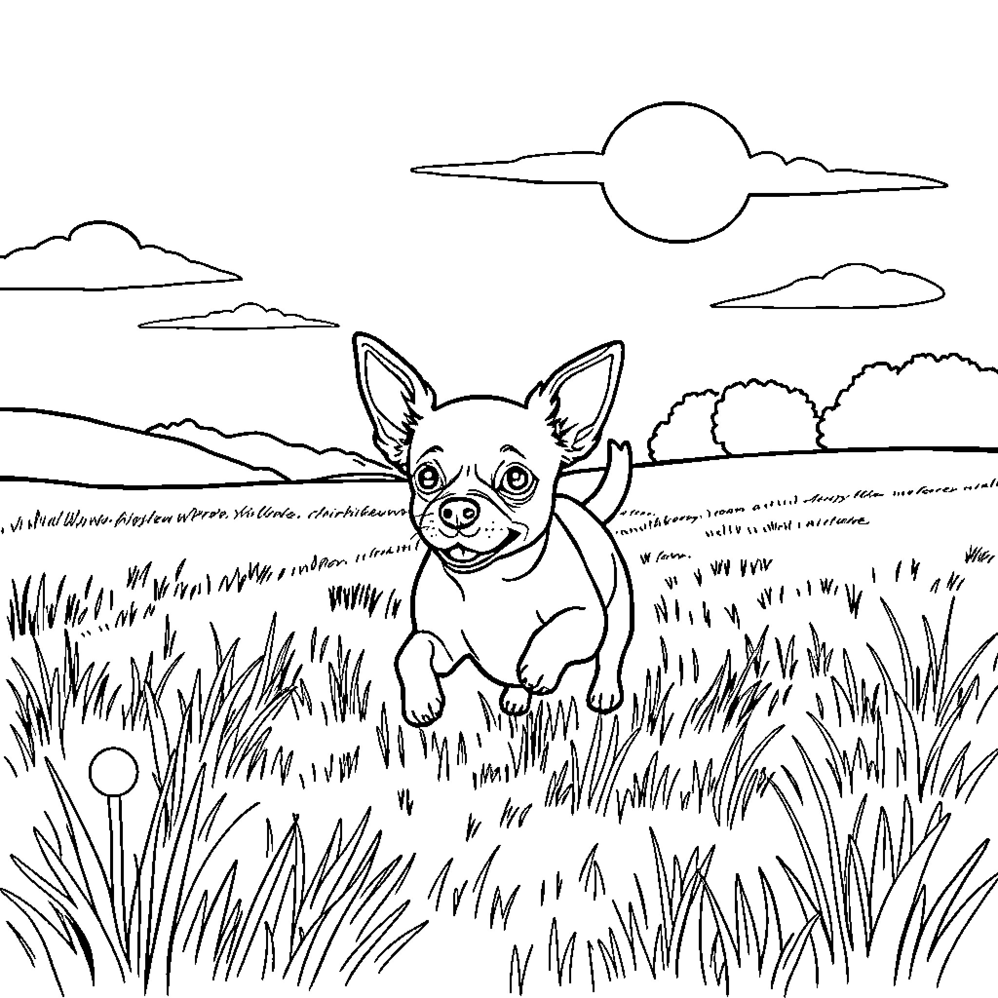 Chihuahua exploring a grassy field Coloring Page (free black-and-white line drawing printable PDF for all, from beginners to advanced learners, including children, teens, adults, and seniors)