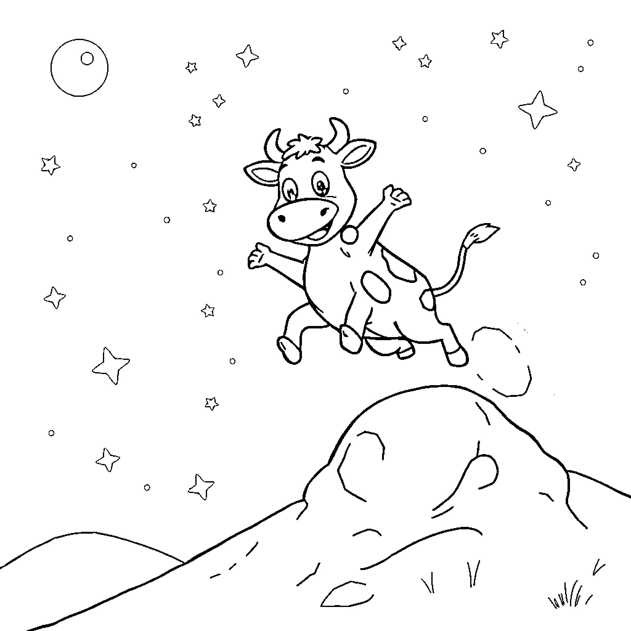 Cow leaping through a starry night Coloring Page (free black-and-white line drawing printable PDF for all, from beginners to advanced learners, including children, teens, adults, and seniors)