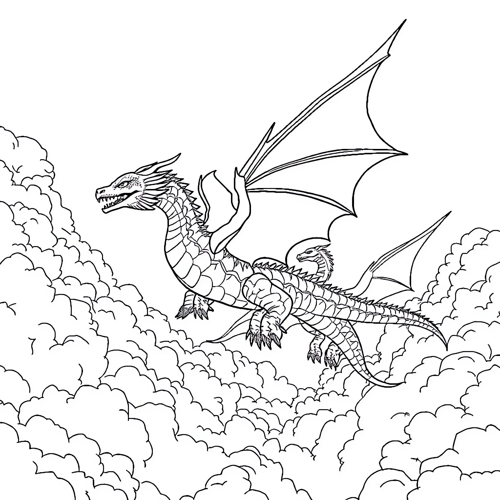 Dragon soaring through the cloudy skies Coloring Page (free black-and-white line drawing printable PDF for all, from beginners to advanced learners, including children, teens, adults, and seniors)