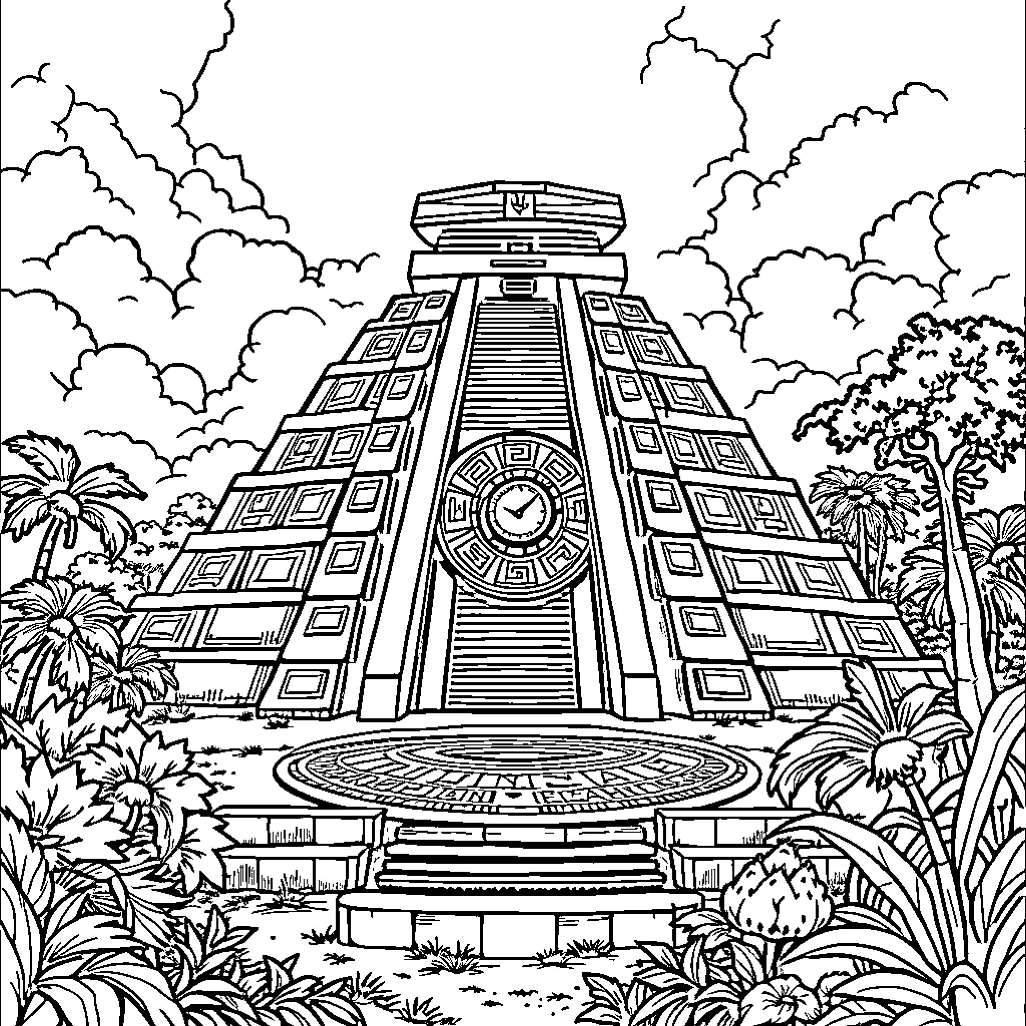 Aztec Calendar Ancient Pyramid Temple in Jungle Landscape Coloring Page (free black-and-white line drawing printable PDF for all, from beginners to advanced learners, including children, teens, adults, and seniors)