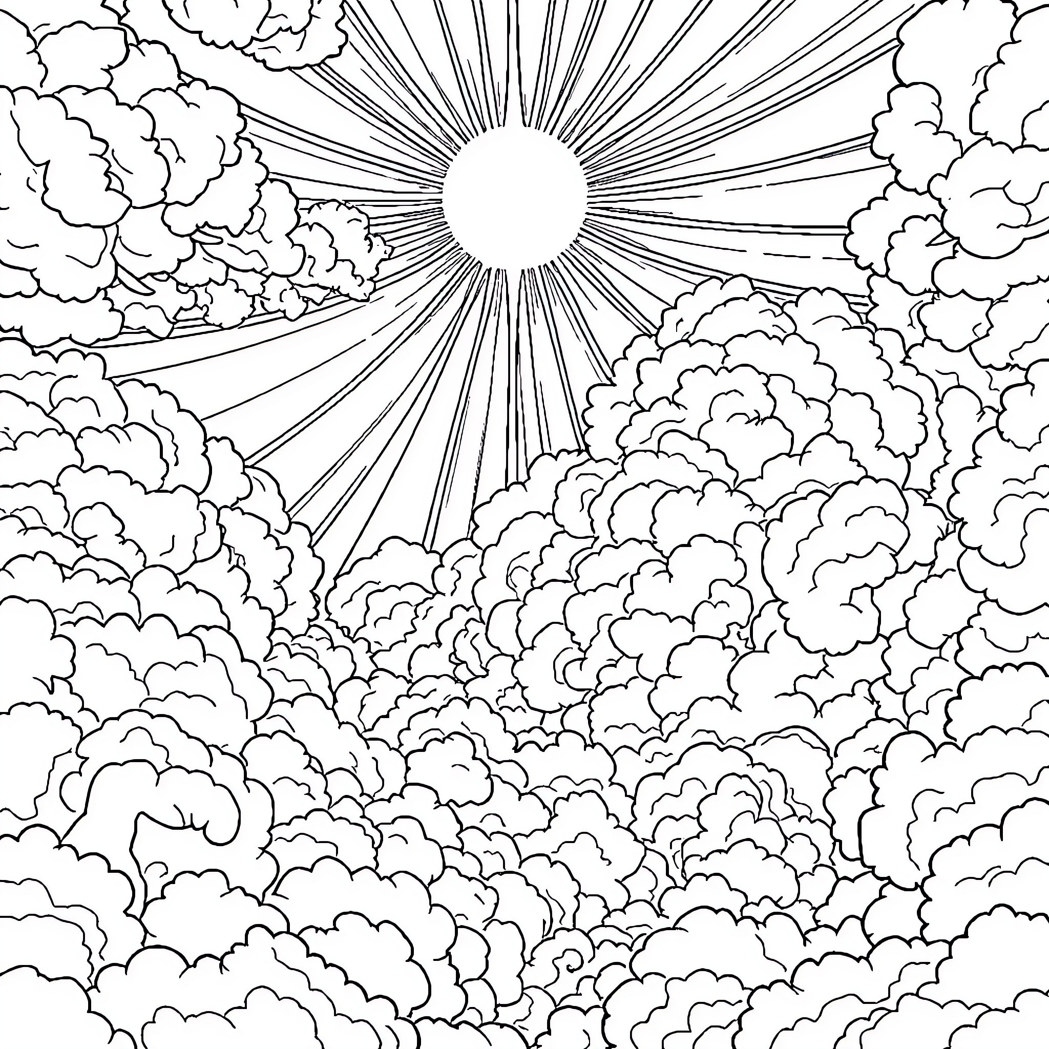 Heaven's Radiant Sun Shining Through Ethereal Clouds Coloring Page (free black-and-white line drawing printable PDF for all, from beginners to advanced learners, including children, teens, adults, and seniors)
