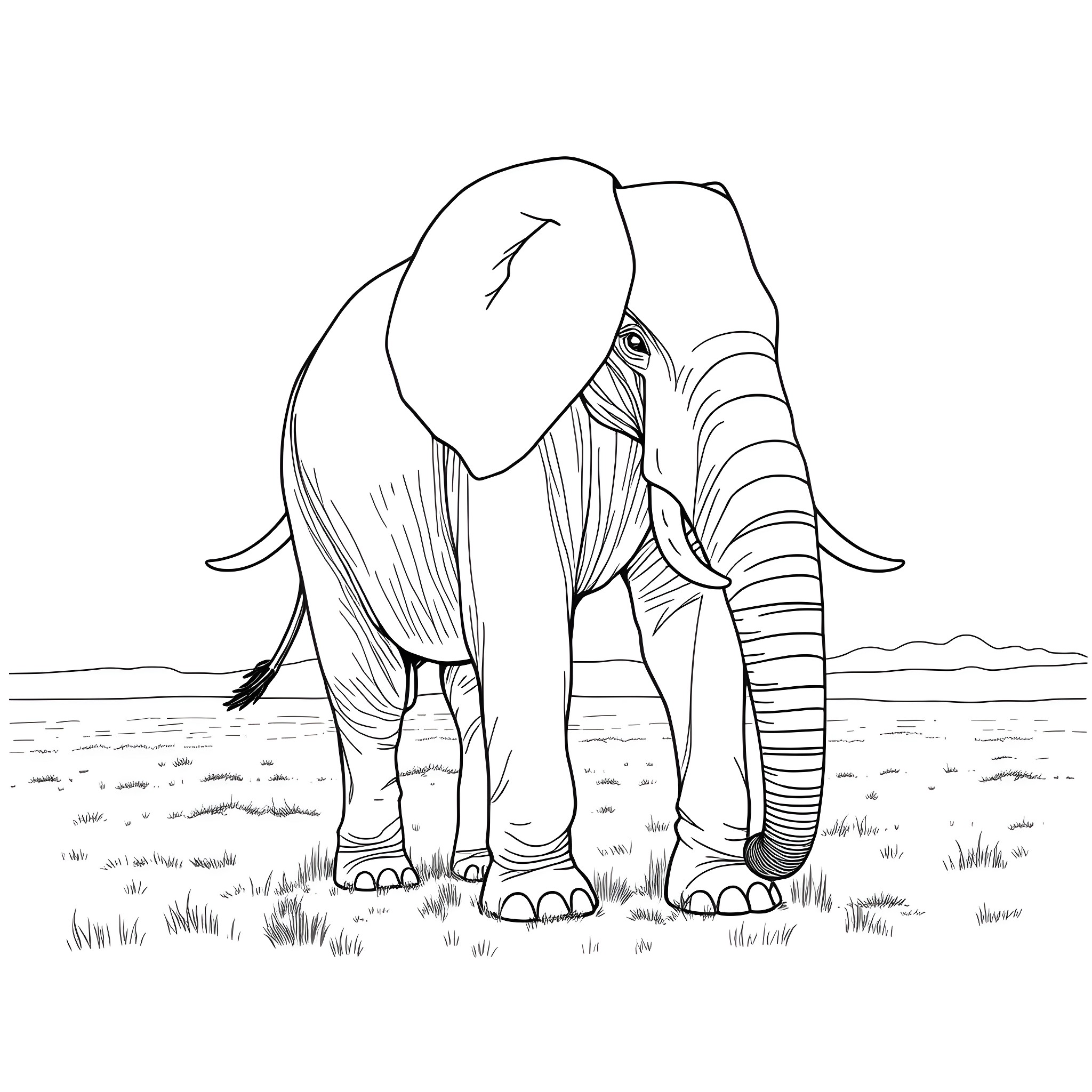 Elephant standing in the field Coloring Page (free black-and-white line drawing printable PDF for all, from beginners to advanced learners, including children, teens, adults, and seniors)