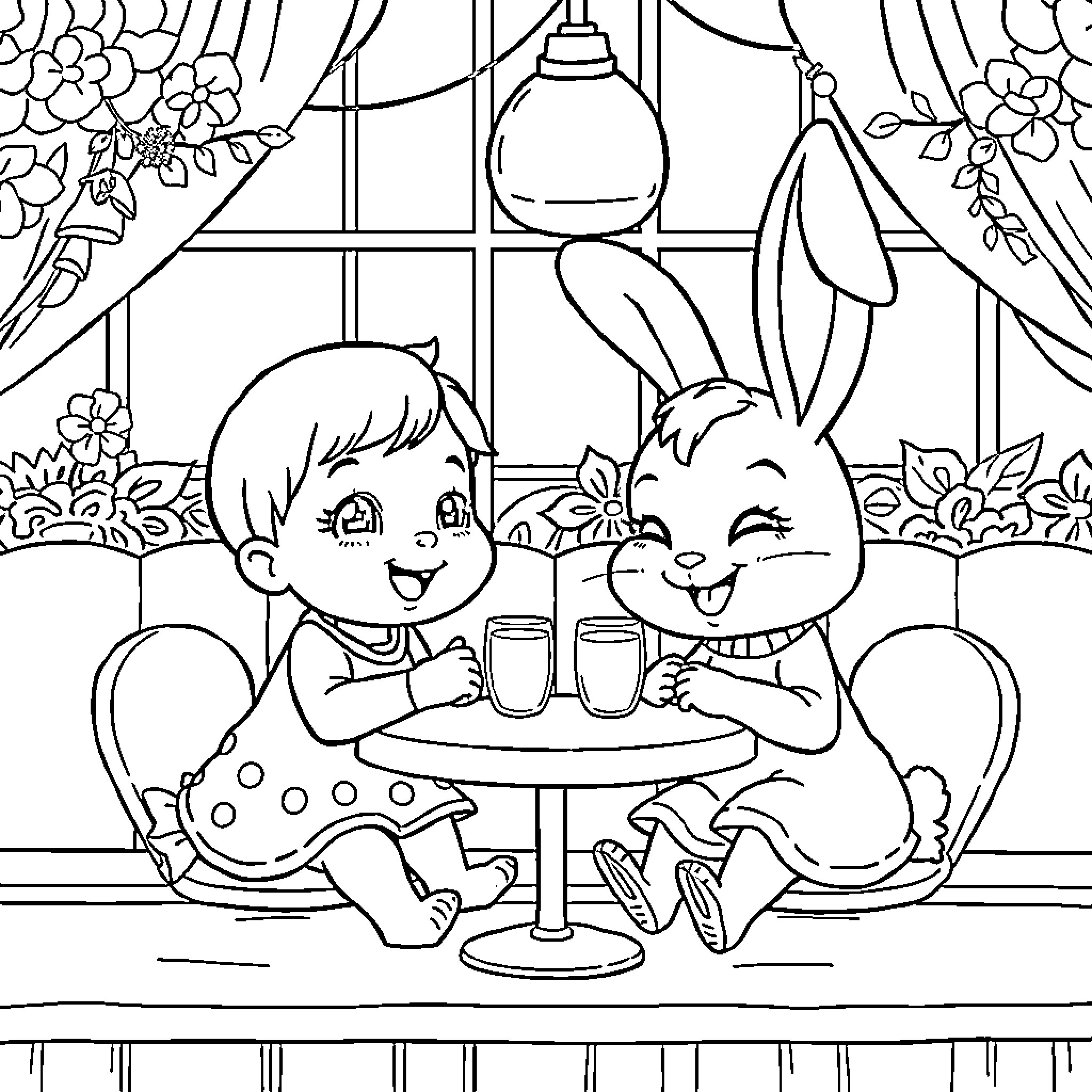 Baby Kia enjoying tea time with a bunny friend Coloring Page (free black-and-white line drawing printable PDF for all, from beginners to advanced learners, including children, teens, adults, and seniors)