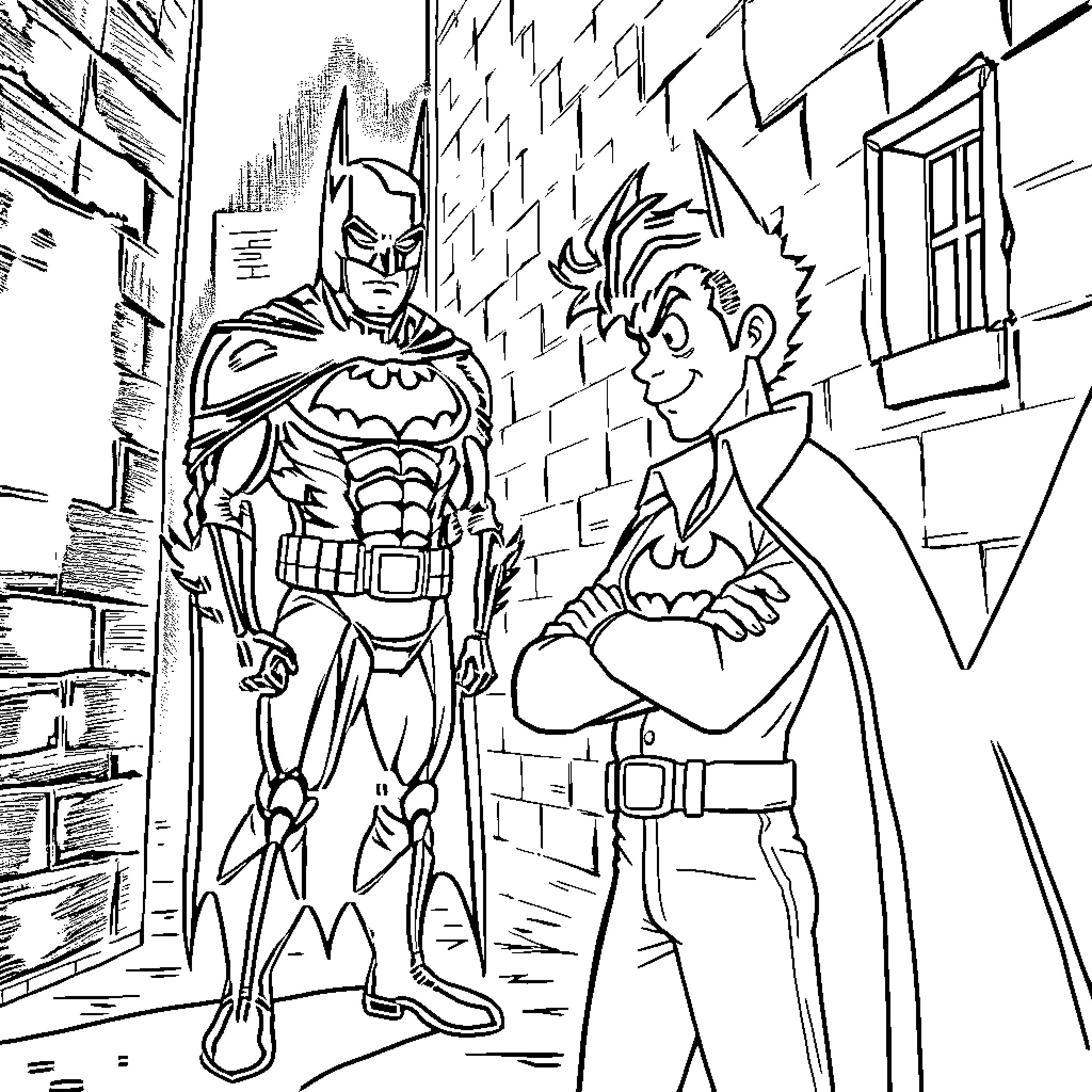 Ace Ventura Meets the Caped Crusader in Action Coloring Page (free black-and-white line drawing printable PDF for all, from beginners to advanced learners, including children, teens, adults, and seniors)