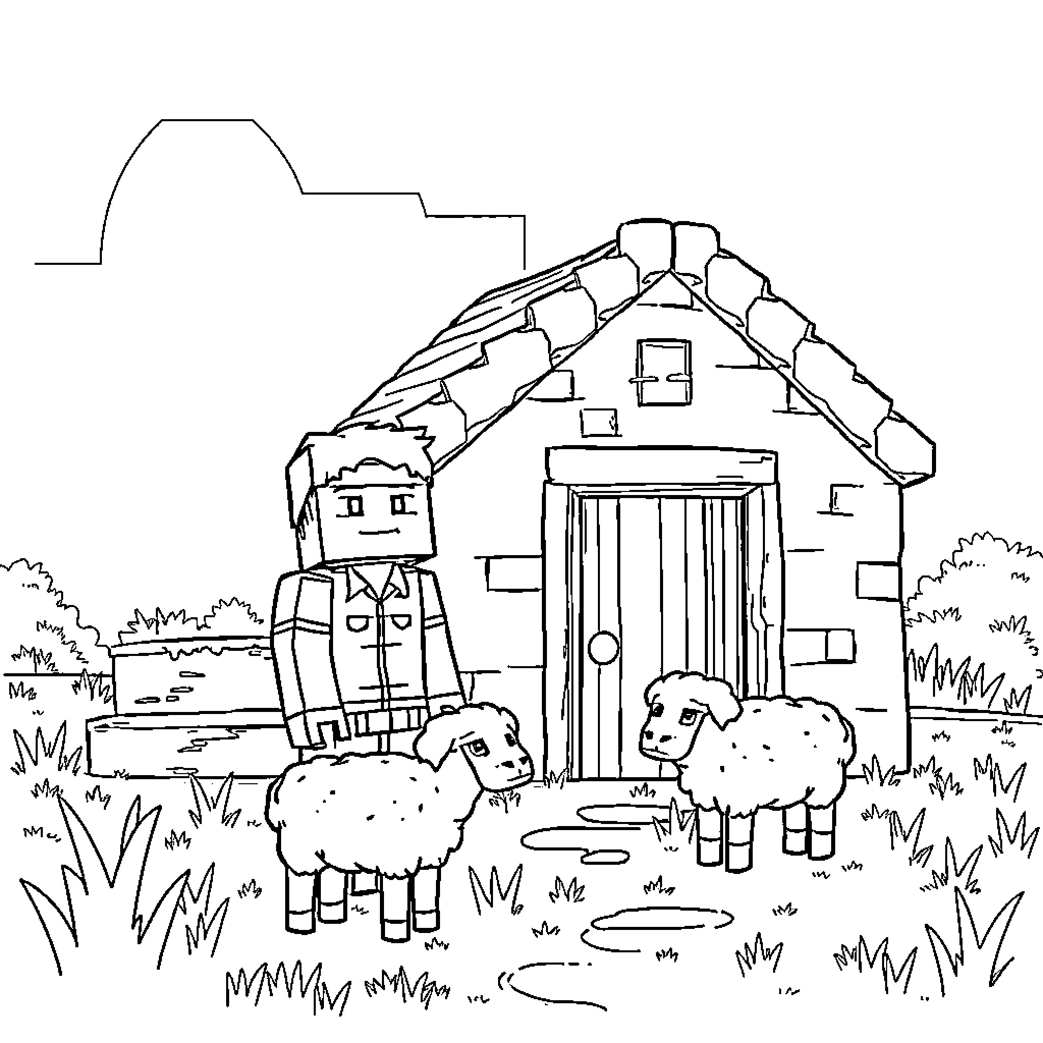 Steve explores a rustic farmhouse with friendly sheep Coloring Page (free black-and-white line drawing printable PDF for all, from beginners to advanced learners, including children, teens, adults, and seniors)