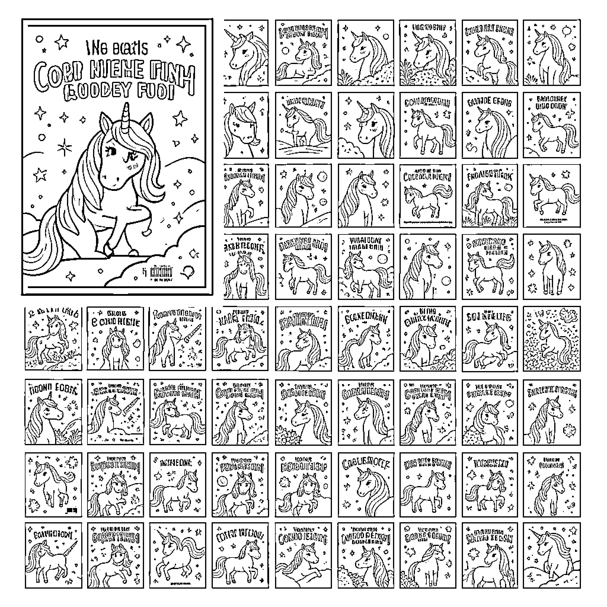 Unicorn characters displaying various playful and joyful expressions Coloring Page (free black-and-white line drawing printable PDF for all, from beginners to advanced learners, including children, teens, adults, and seniors)