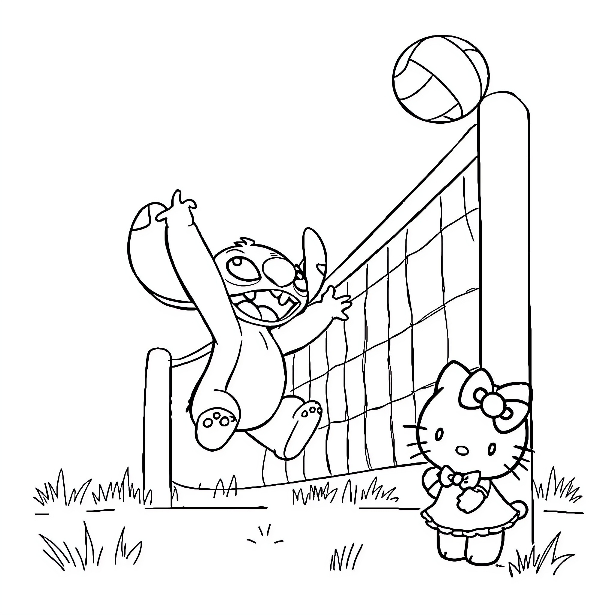 Stitch playing volleyball with Hello Kitty Coloring Page (free black-and-white line drawing printable PDF for all, from beginners to advanced learners, including children, teens, adults, and seniors)