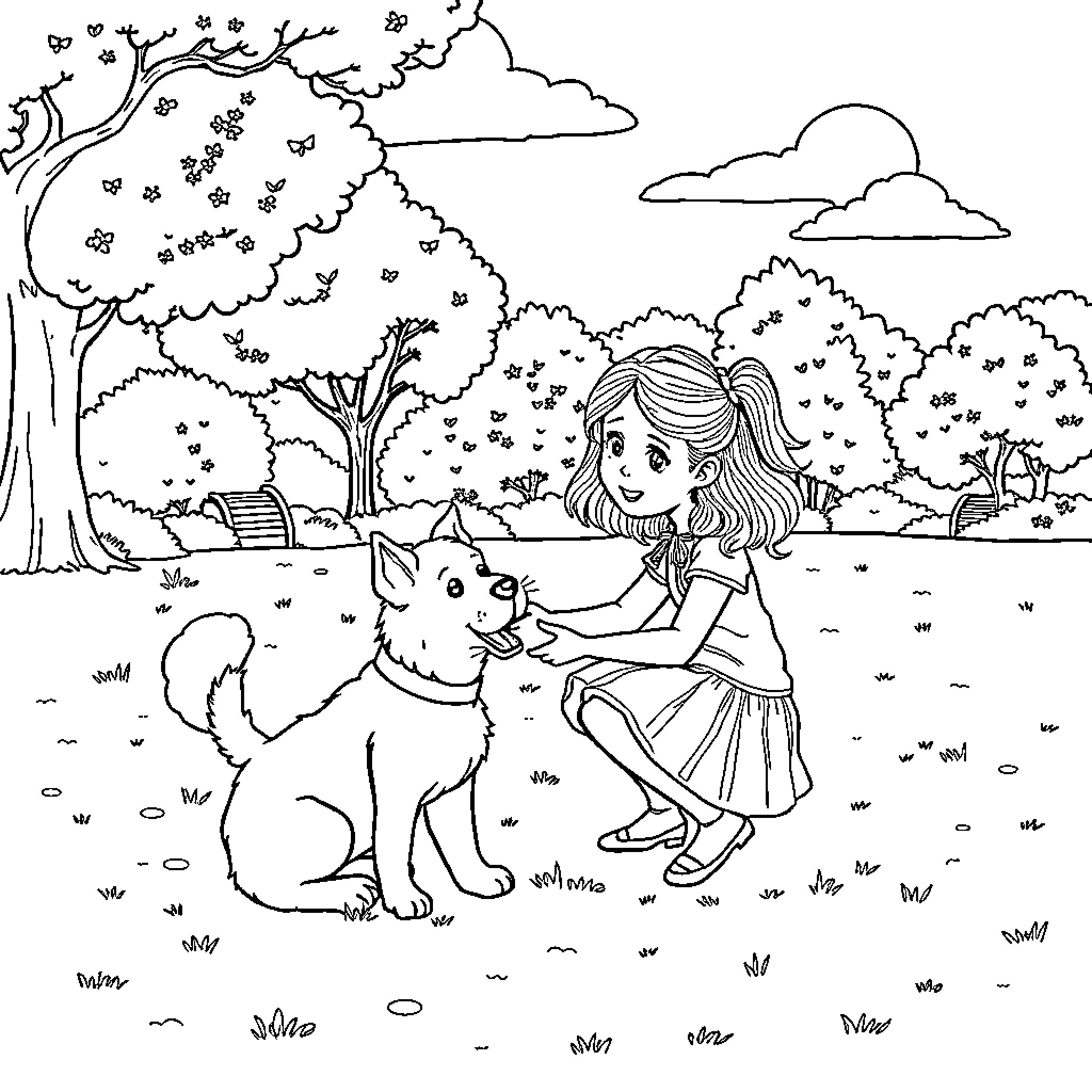 Dog and girl playing outdoors in nature Coloring Page (free black-and-white line drawing printable PDF for all, from beginners to advanced learners, including children, teens, adults, and seniors)