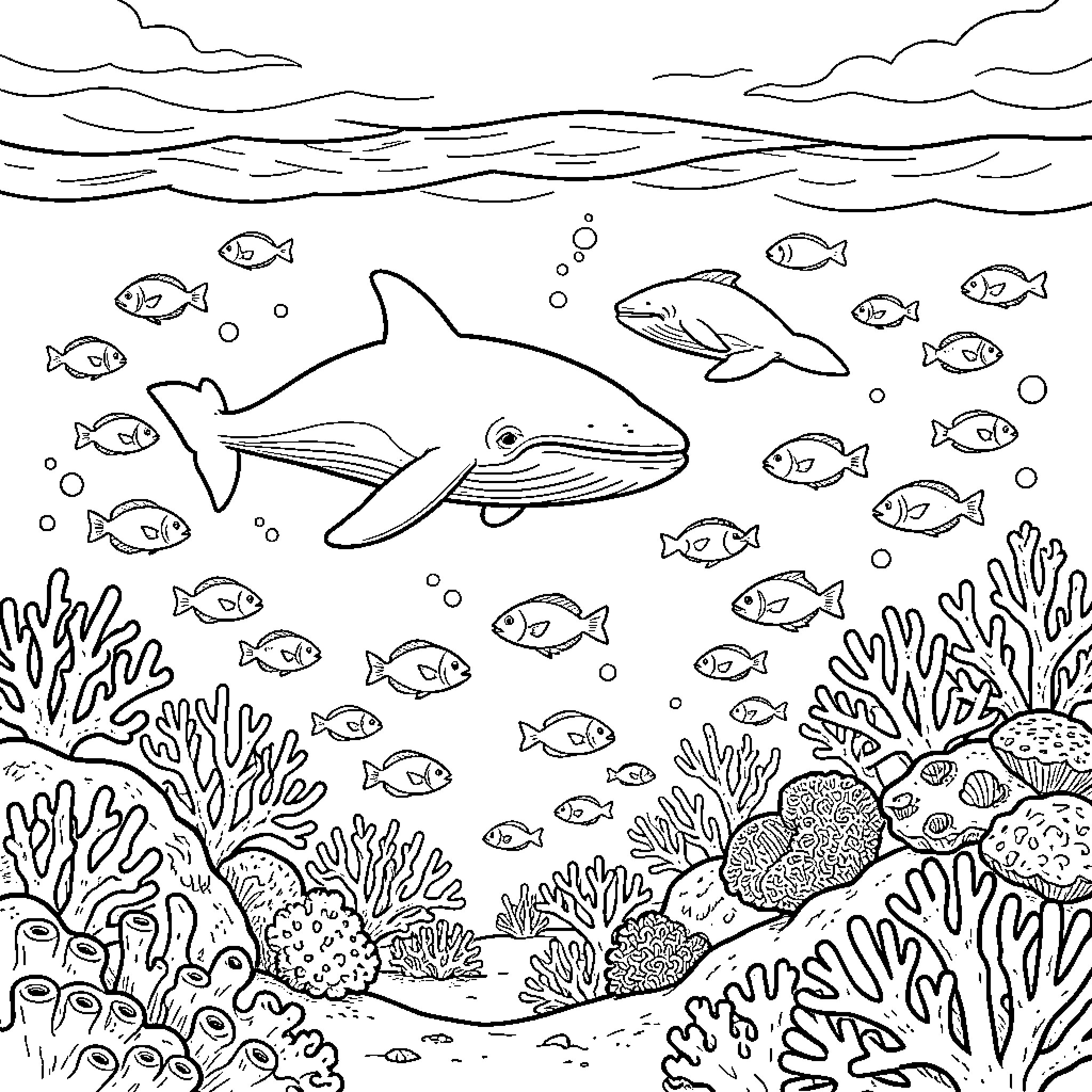 Ballena swimming amidst vibrant marine life Coloring Page (free black-and-white line drawing printable PDF for all, from beginners to advanced learners, including children, teens, adults, and seniors)
