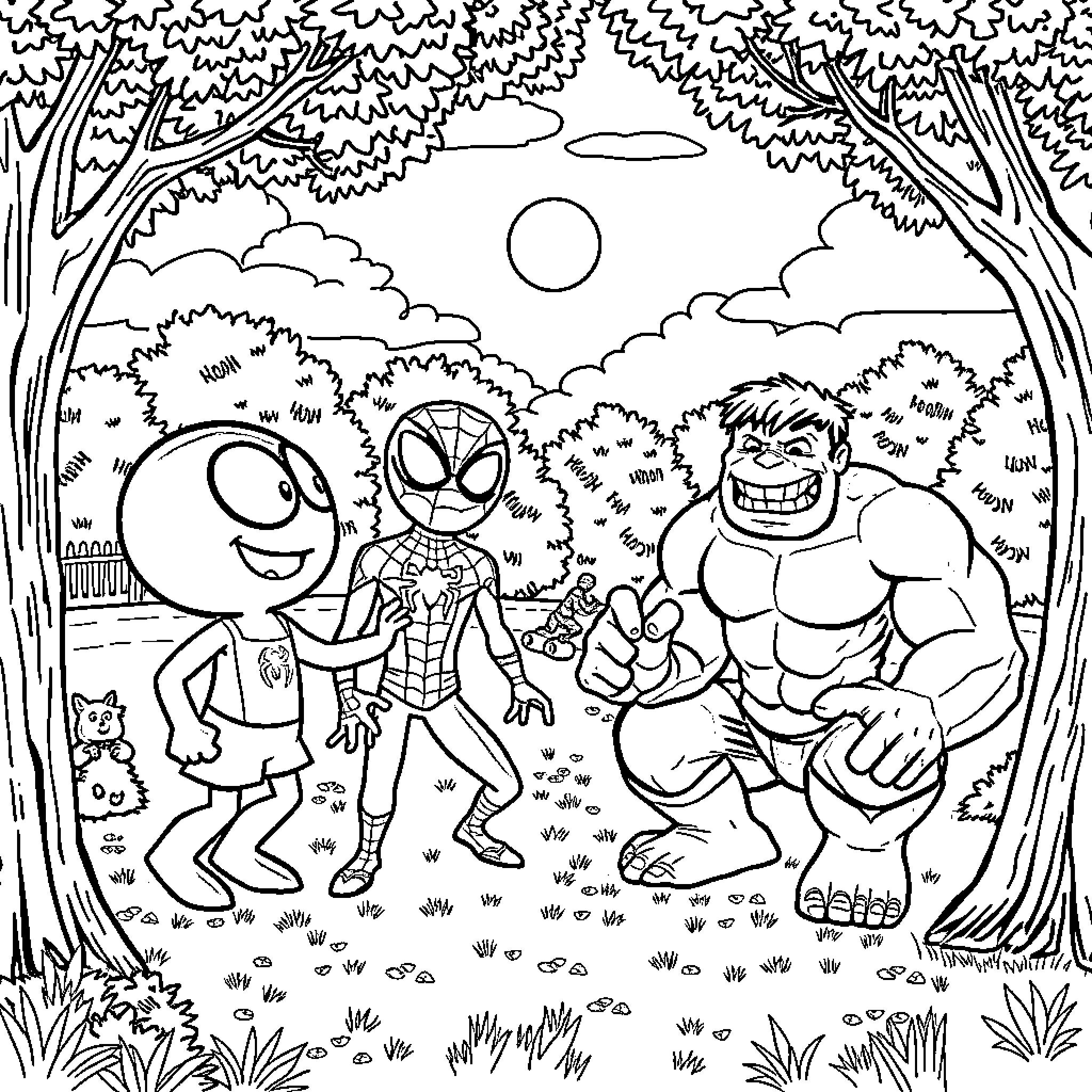 Bluey and friends explore the enchanted forest Coloring Page (free black-and-white line drawing printable PDF for all, from beginners to advanced learners, including children, teens, adults, and seniors)