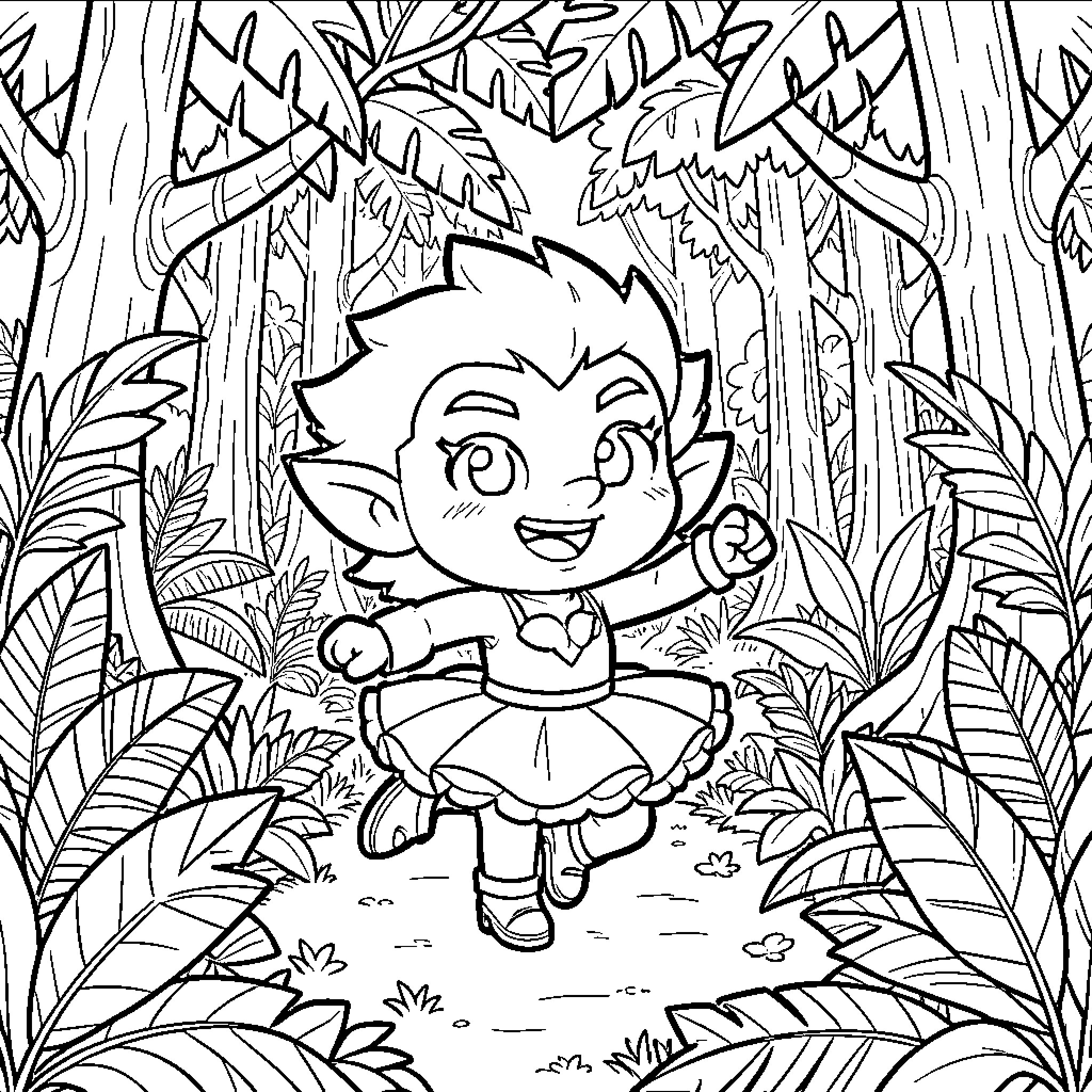 Edgar dancing joyfully through a lush jungle Coloring Page (free black-and-white line drawing printable PDF for all, from beginners to advanced learners, including children, teens, adults, and seniors)
