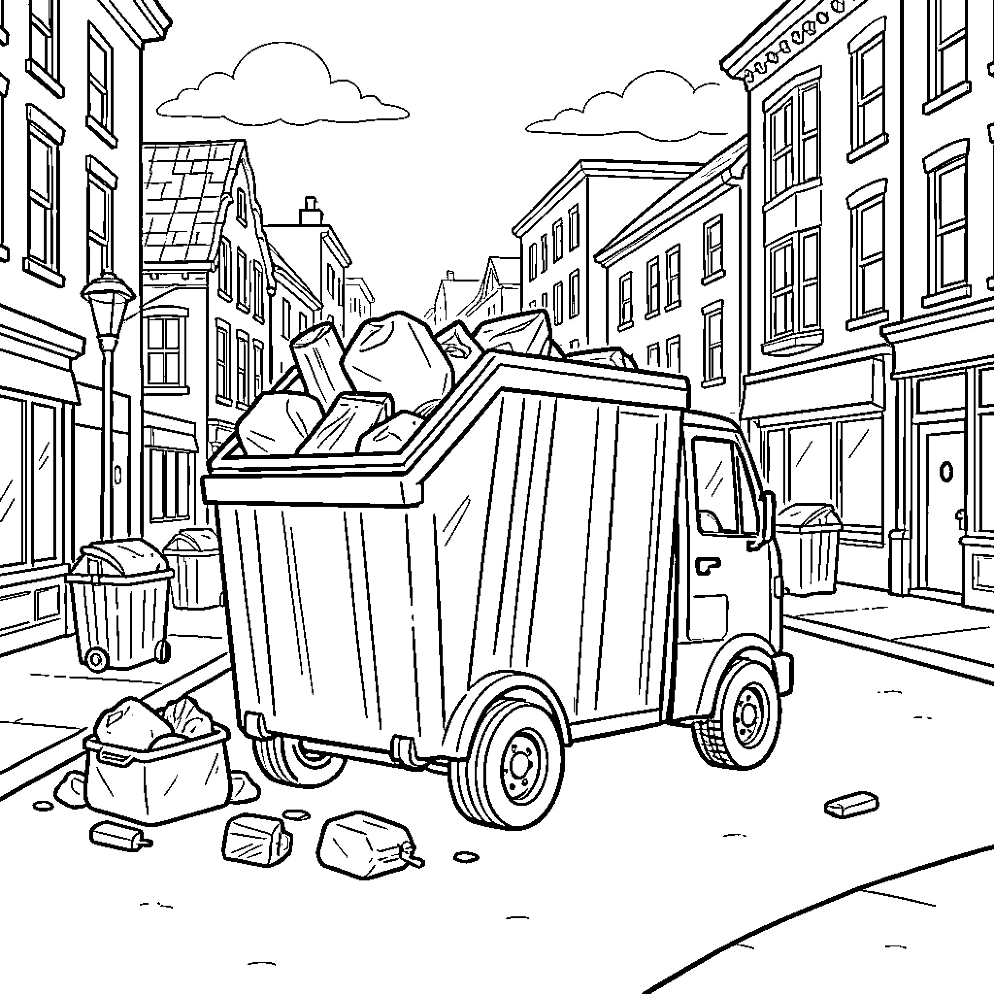 Garbage Truck driving down a city street Coloring Page (free black-and-white line drawing printable PDF for all, from beginners to advanced learners, including children, teens, adults, and seniors)