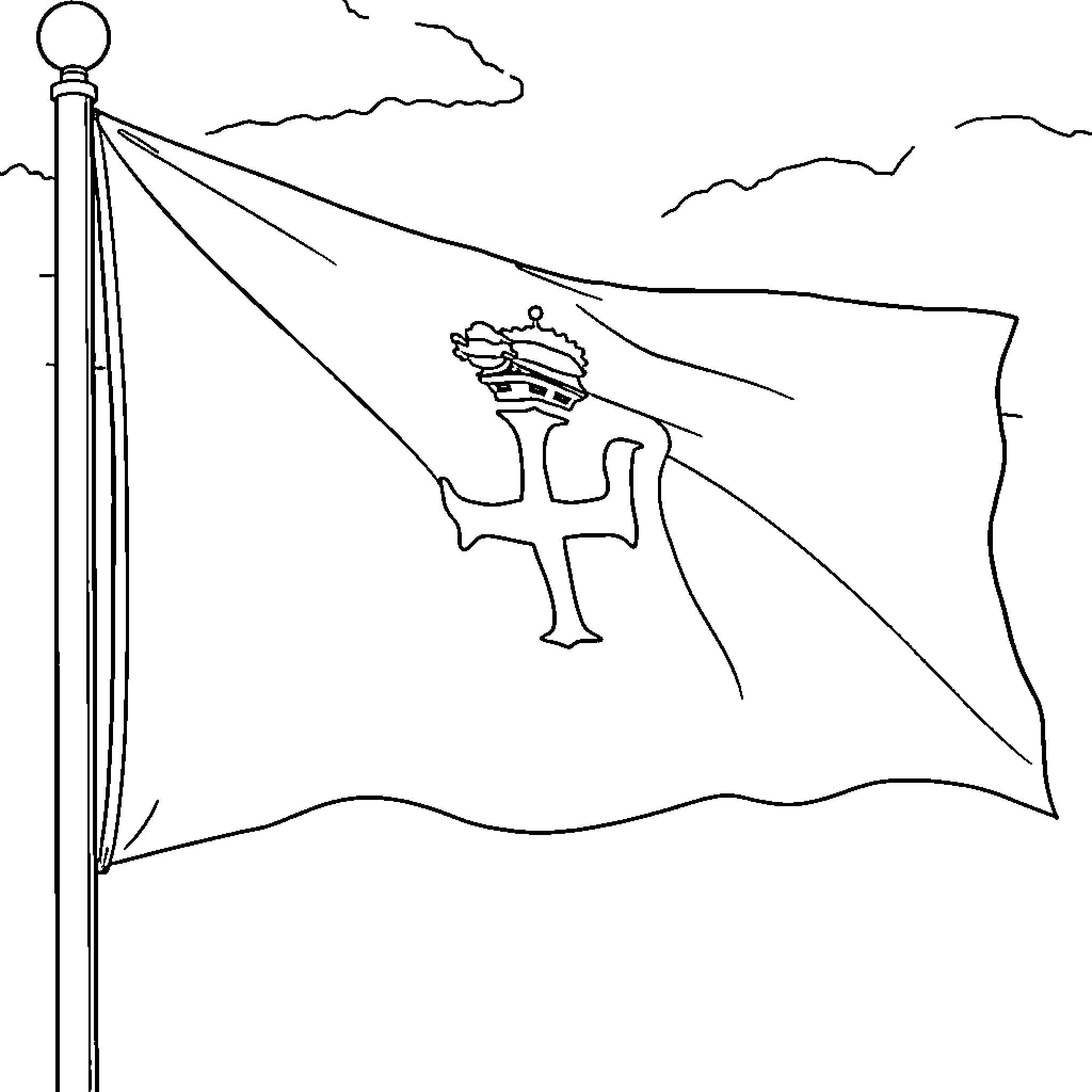Flag displaying a cross symbol in a windy landscape Coloring Page (free black-and-white line drawing printable PDF for all, from beginners to advanced learners, including children, teens, adults, and seniors)