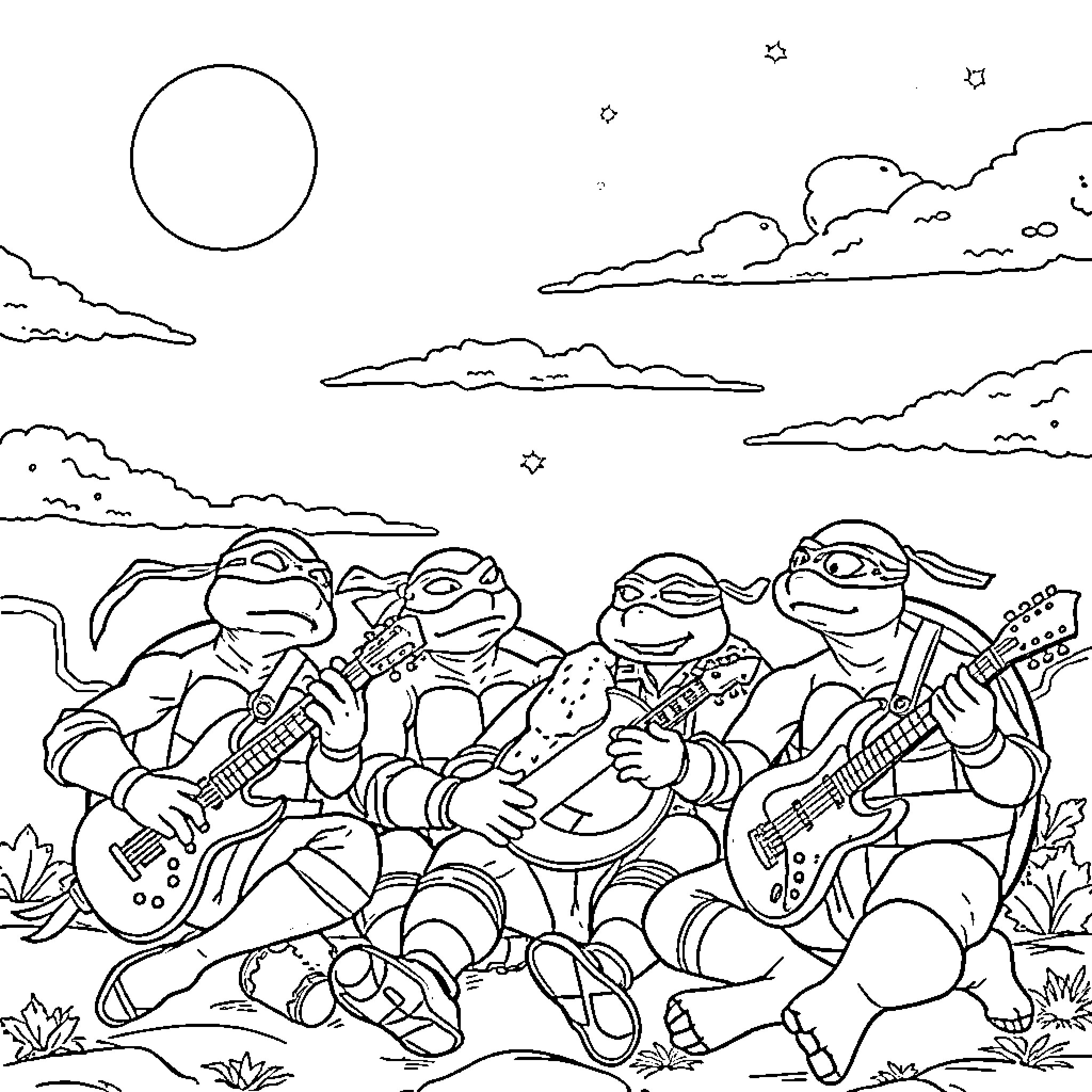 Ninja Turtles rocking out in the night sky Coloring Page (free black-and-white line drawing printable PDF for all, from beginners to advanced learners, including children, teens, adults, and seniors)