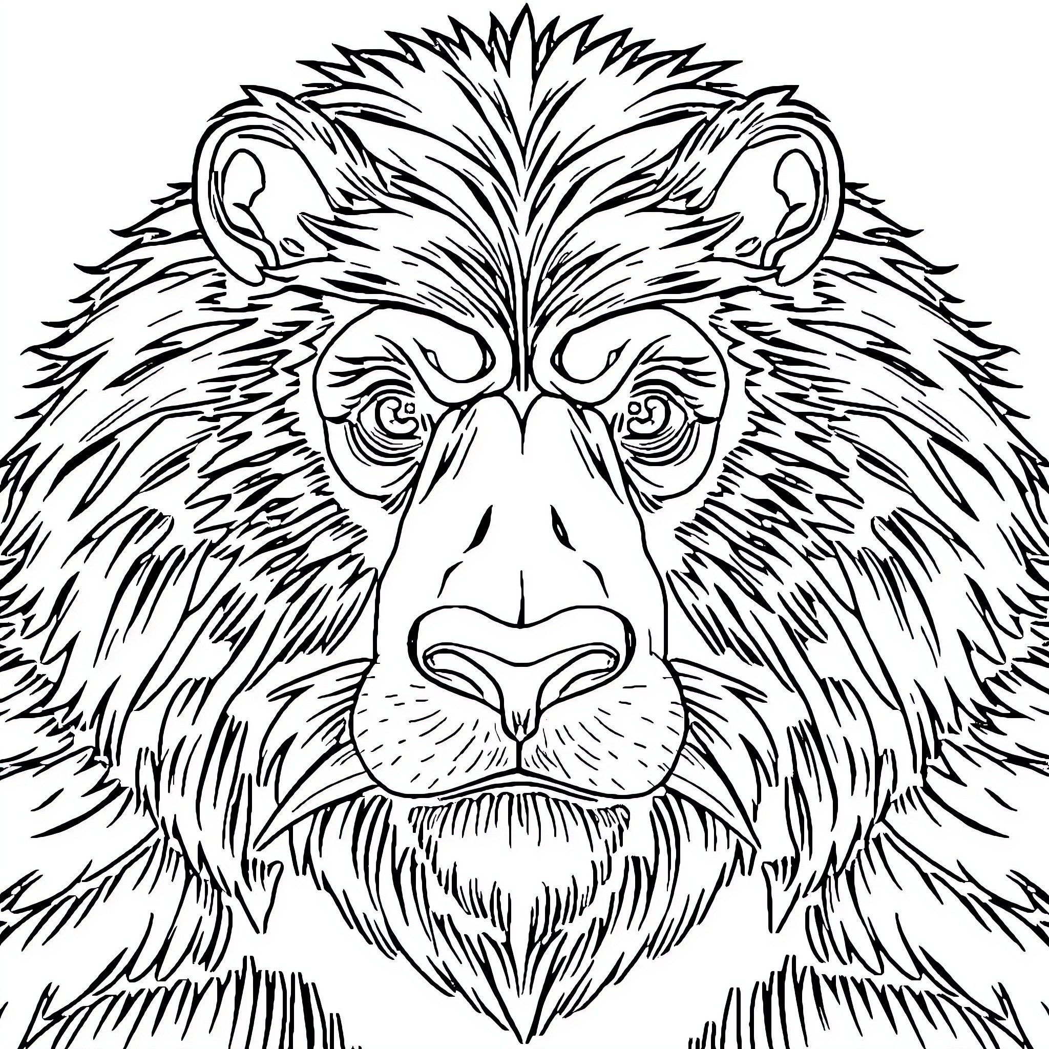 Ours - Fierce lion face with detailed fur and expression Coloring Page (free black-and-white line drawing printable PDF for all, from beginners to advanced learners, including children, teens, adults, and seniors)