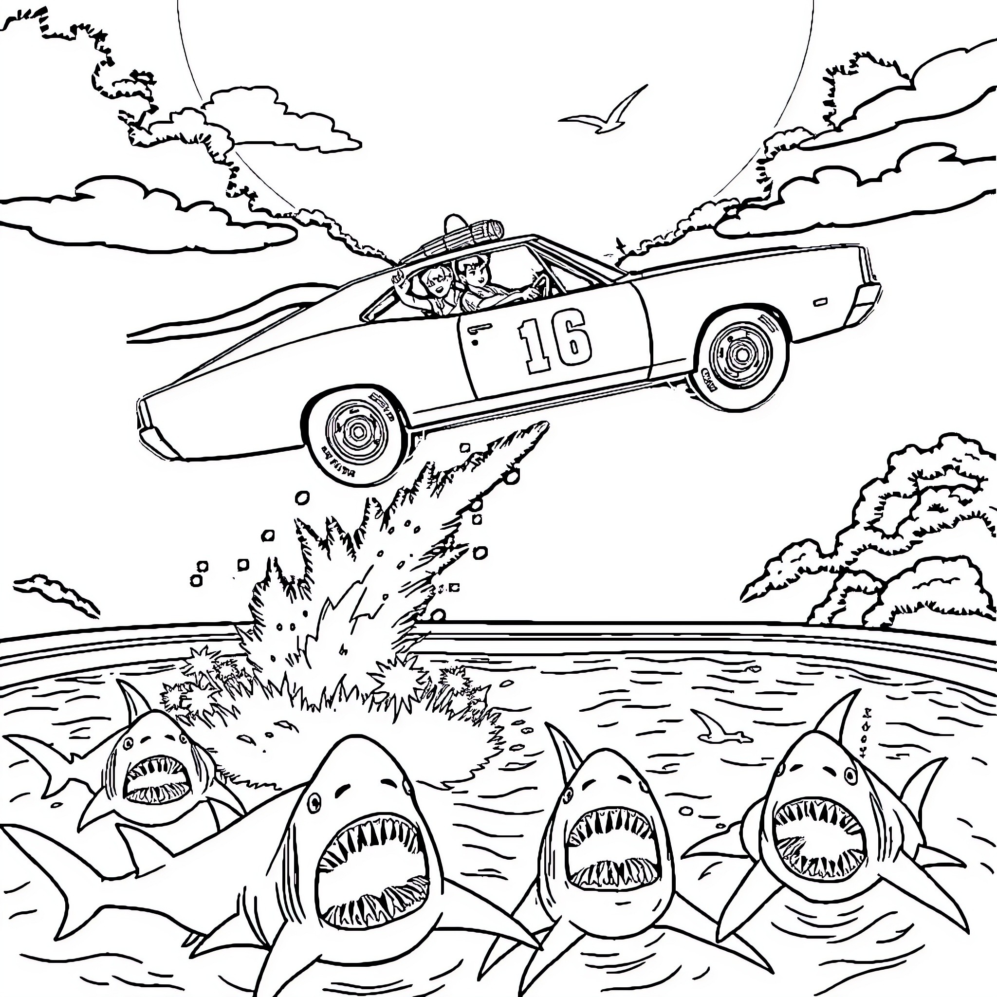 Duke's Daring Car Leap Over Sharks Coloring Page (free black-and-white line drawing printable PDF for all, from beginners to advanced learners, including children, teens, adults, and seniors)