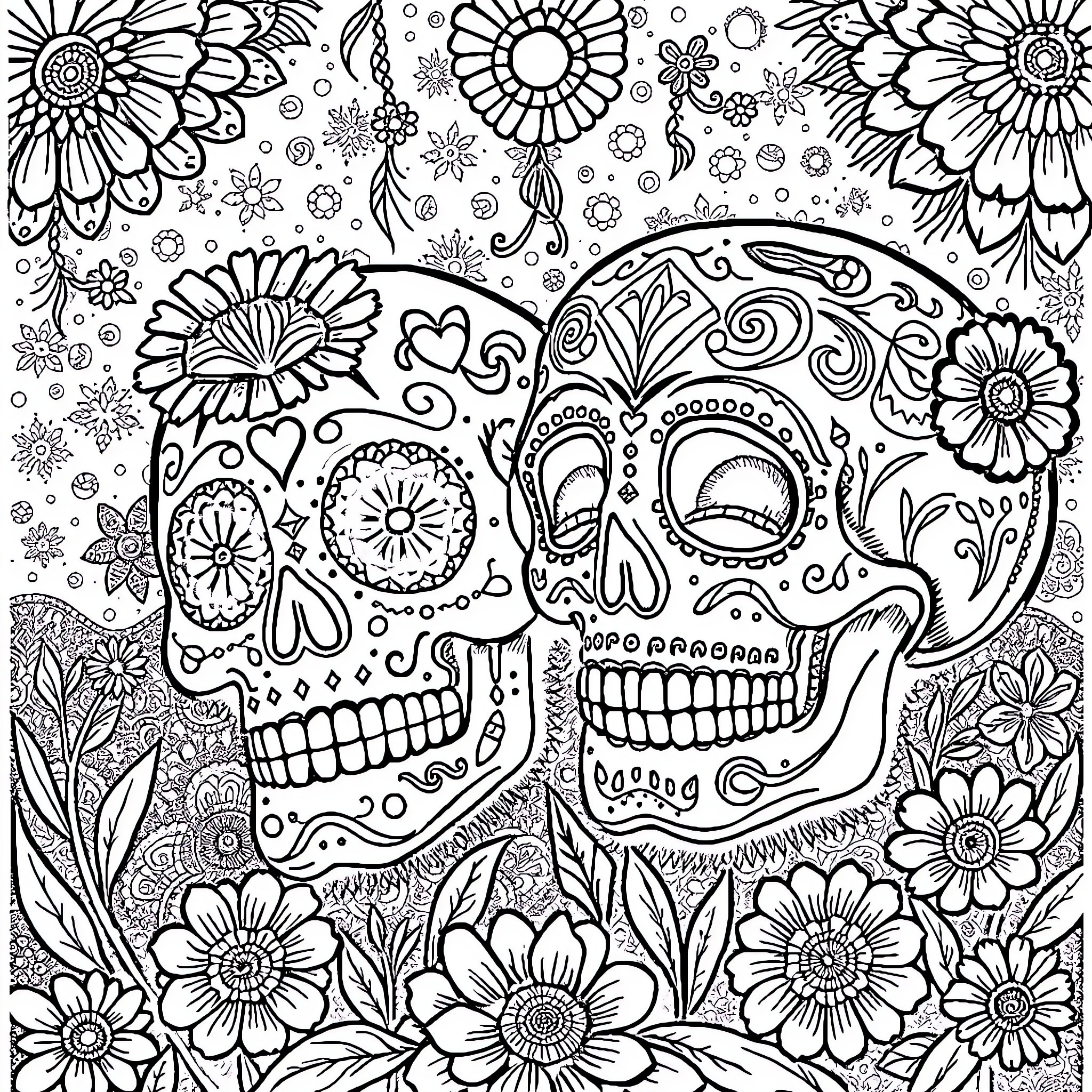 Aztec Skull Surrounded by Intricate Floral Patterns Coloring Page (free black-and-white line drawing printable PDF for all, from beginners to advanced learners, including children, teens, adults, and seniors)