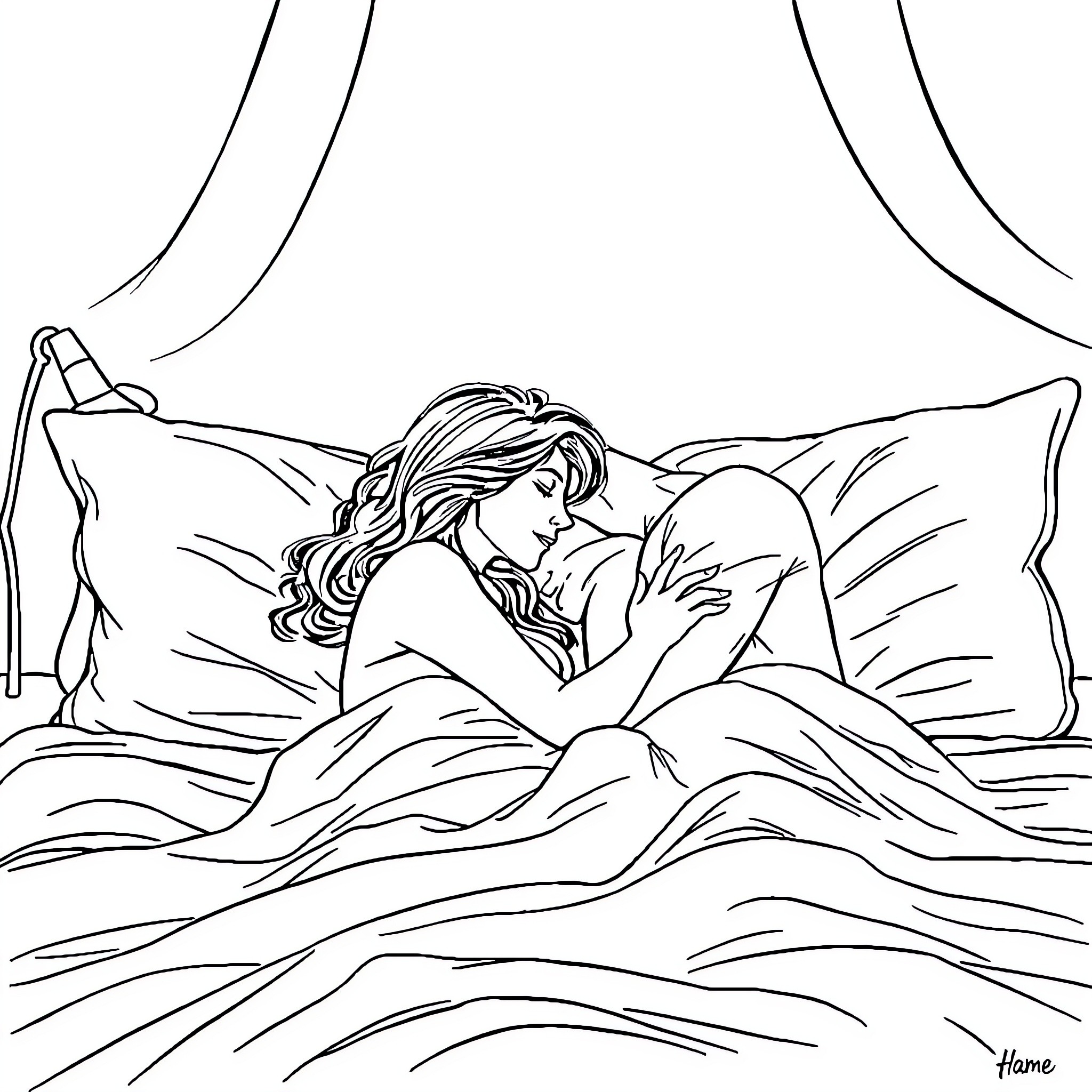 Couple cuddled up in bed Coloring Page (free black-and-white line drawing printable PDF for all, from beginners to advanced learners, including children, teens, adults, and seniors)