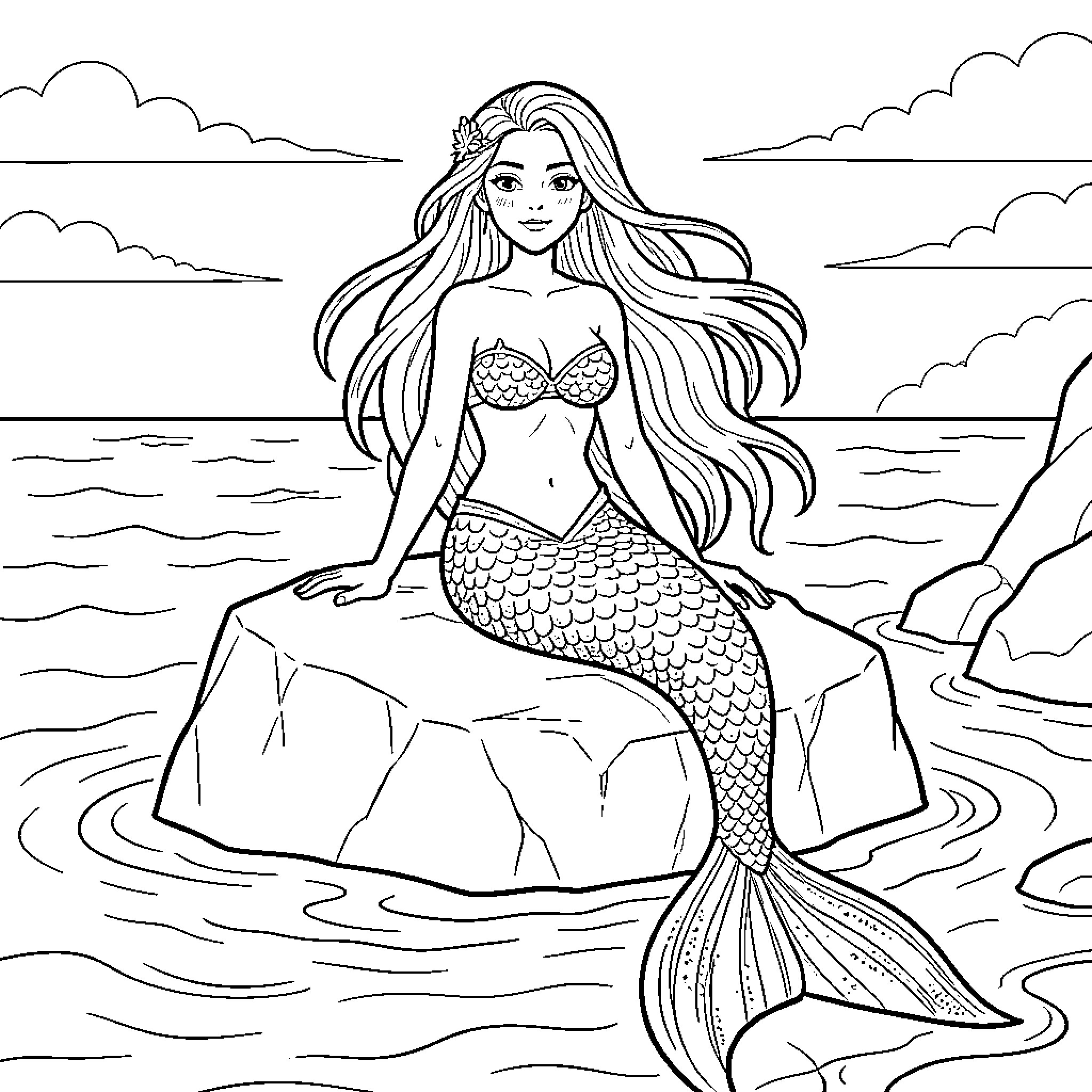 Mermaid sitting peacefully on a rock by the sea Coloring Page (free black-and-white line drawing printable PDF for all, from beginners to advanced learners, including children, teens, adults, and seniors)
