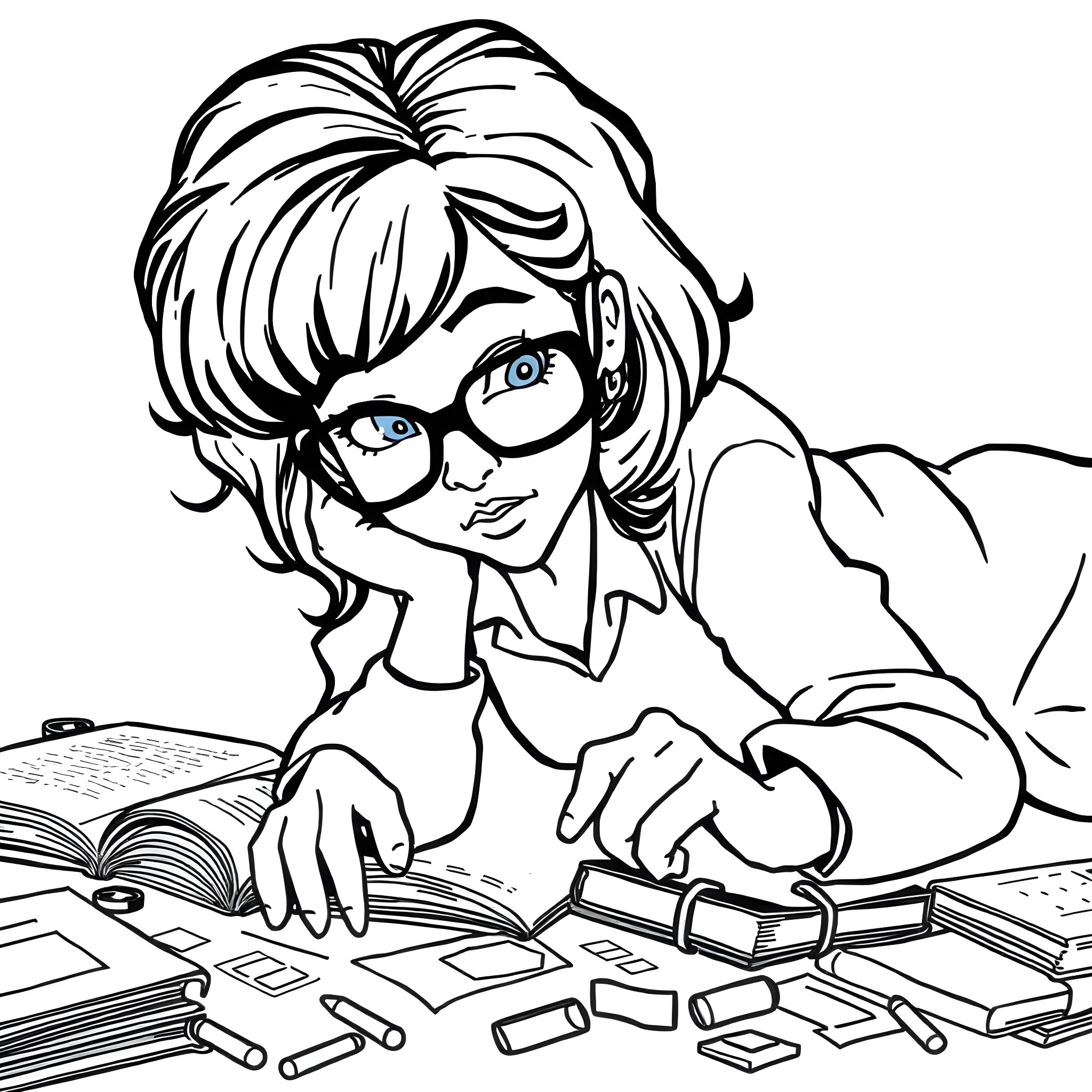 Velma diligently working at her desk Coloring Page (free black-and-white line drawing printable PDF for all, from beginners to advanced learners, including children, teens, adults, and seniors)