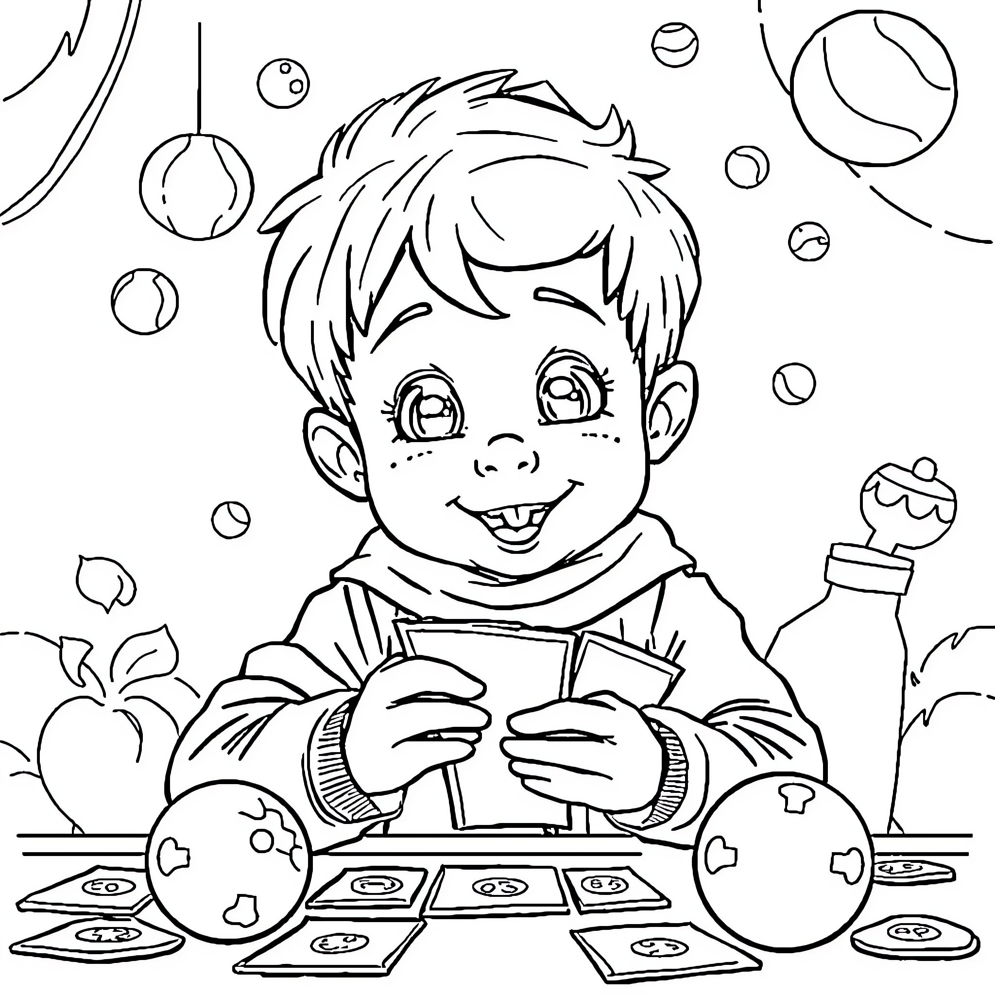 Child playing with colorful game pieces Coloring Page (free black-and-white line drawing printable PDF for all, from beginners to advanced learners, including children, teens, adults, and seniors)