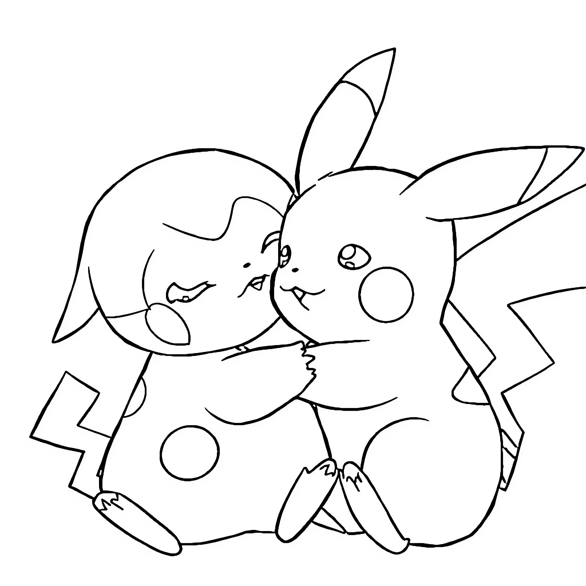 Pikachu playing joyfully with another Pokemon Coloring Page (free black-and-white line drawing printable PDF for all, from beginners to advanced learners, including children, teens, adults, and seniors)